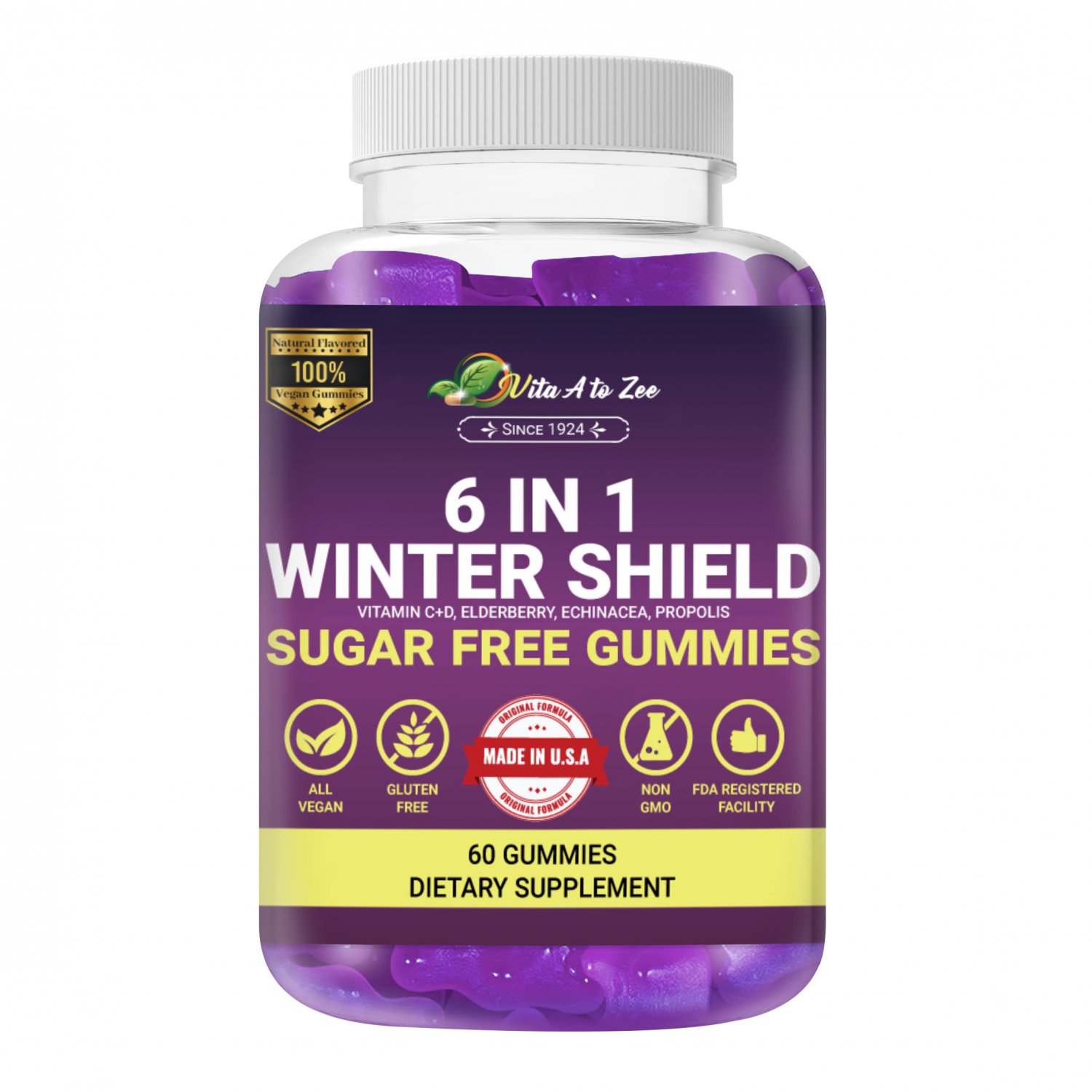 Vita A to Zee 6 in 1 Winter Shield Sugar-Free Gummies | Vitamin C + D, Zinc, Elderberry, Echinacea, 