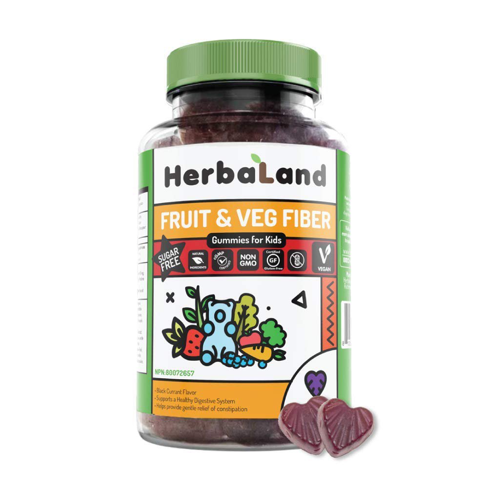 Herbaland Vegan Fruit, Veg, and Fiber Gummies for Kids Sugar-Free Gut Health Supplements, Organic, N