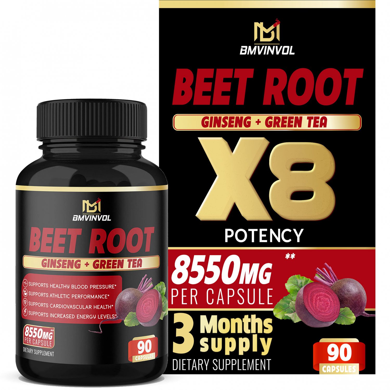 Beet Root Extract Capsules 8550mg - Green Tea, Red Spinach, Ginseng - Supports Athletic Performance,
