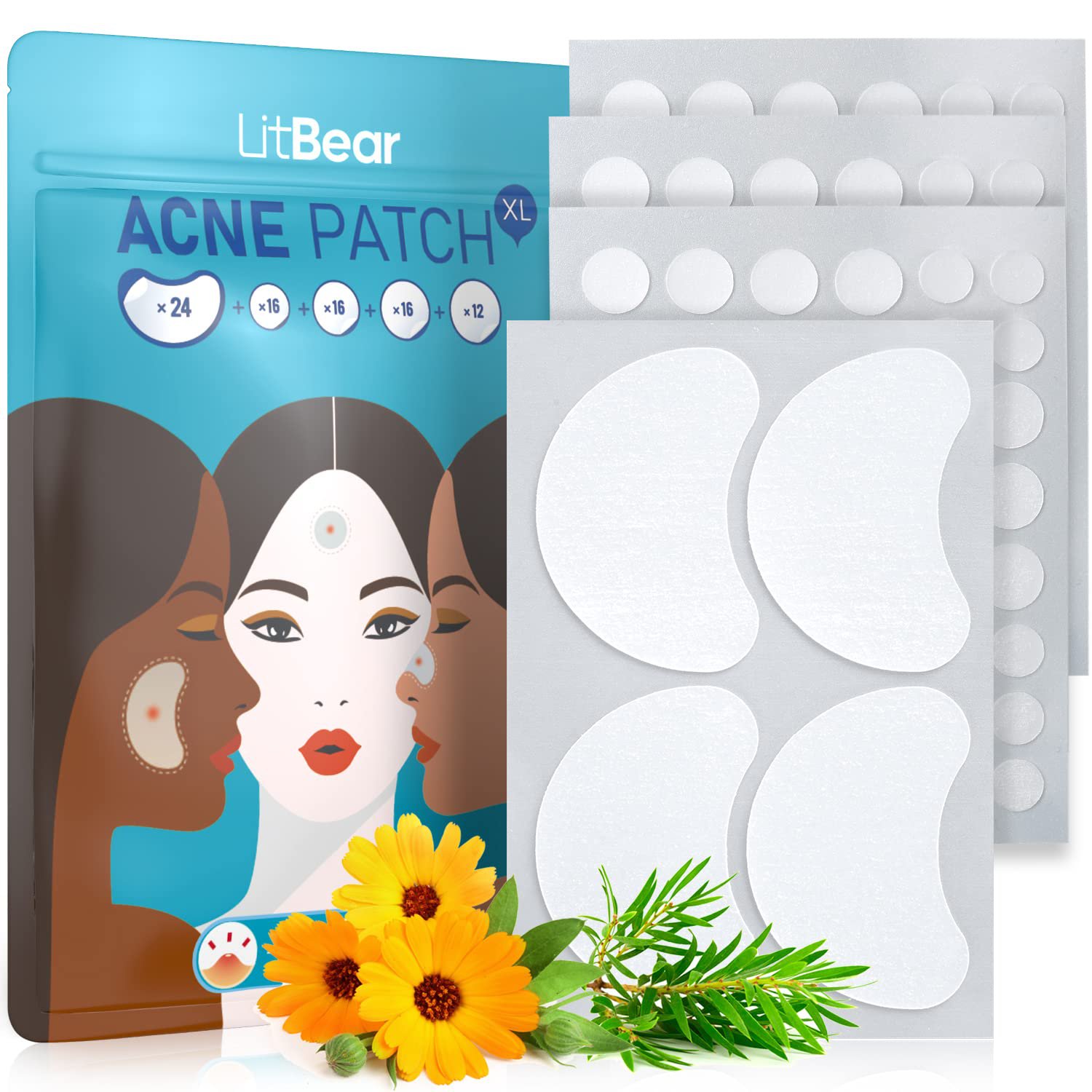 LitBear Acne Pimple Patches, 5 Sizes 84 Patches for Large Zit Breakouts, Acne Patches for Face, Chin