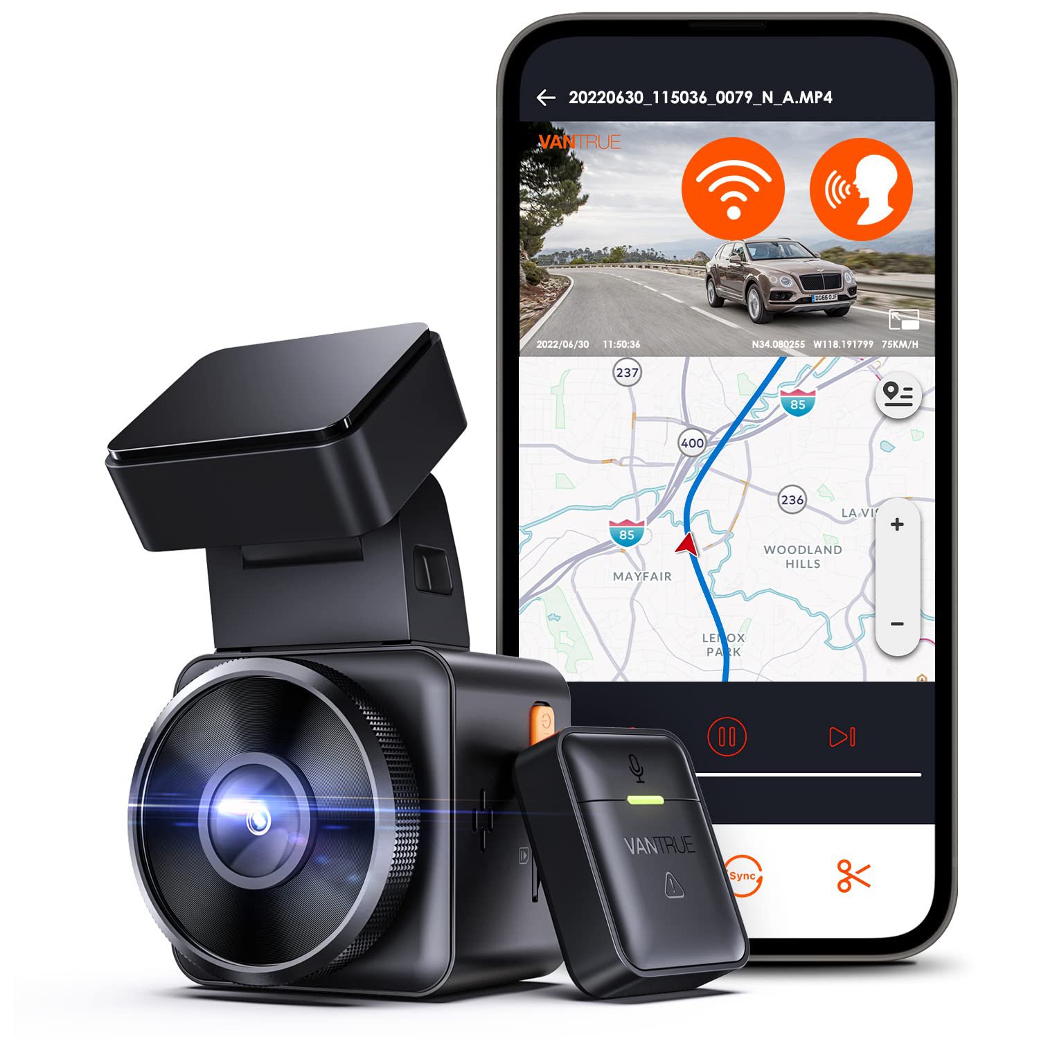 Vantrue E1 2.5K WiFi Mini Dash Cam with GPS and Speed, Voice Control Front Car Dash Camera, 24 Hours