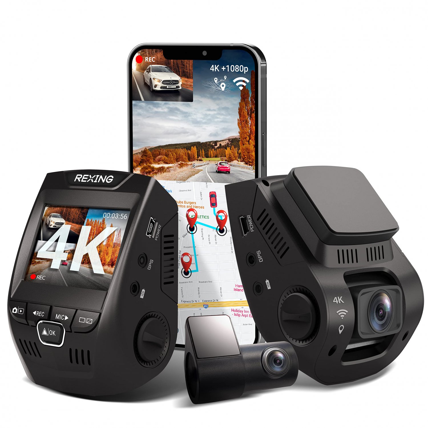 Rexing V1PGW-4K 2.4"" LCD 2160p Front + 1080p Rear W/ BUILT-IN GPS, Wi-Fi 170&Acirc;&deg; Wide Angle Dual Chan