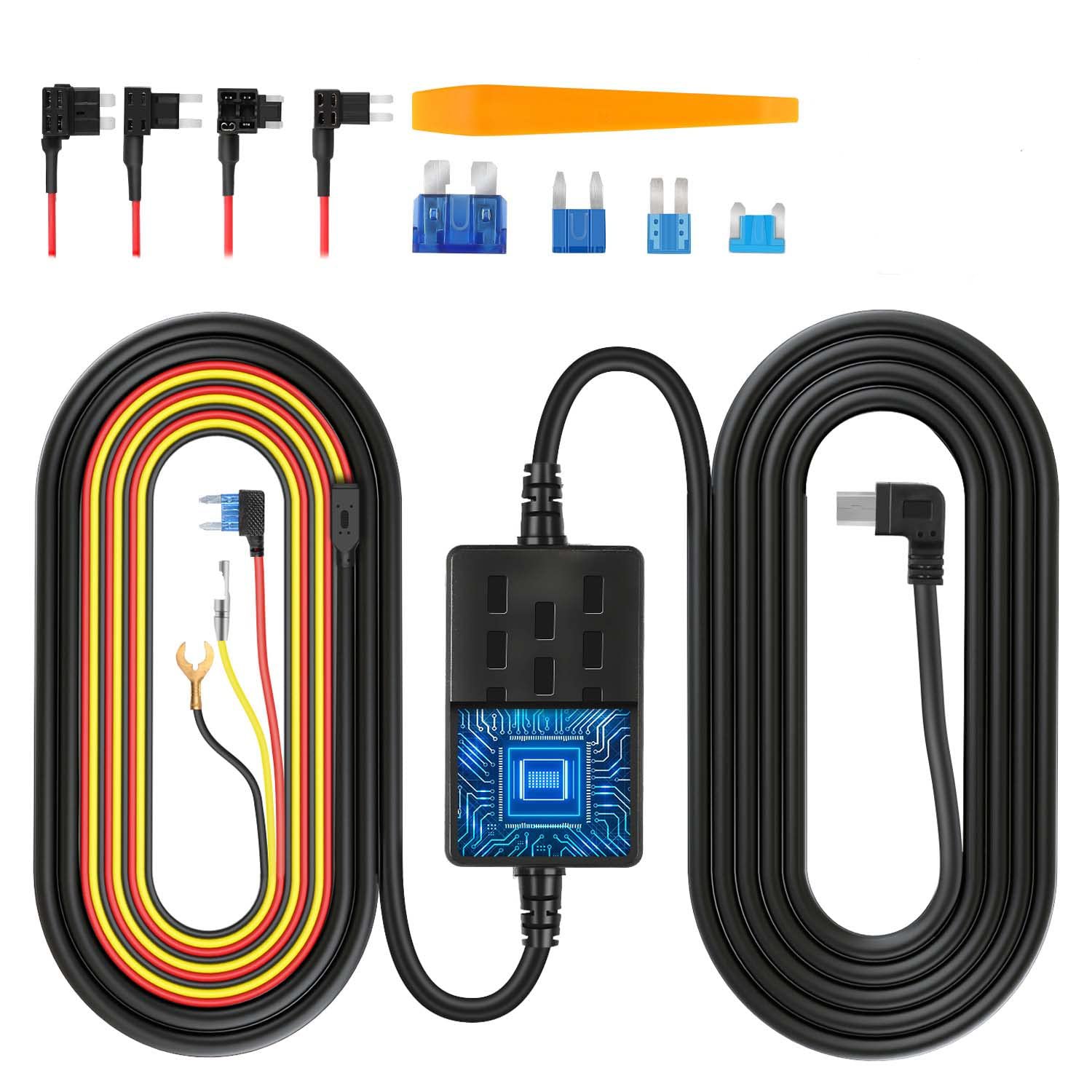 Dash Cam Hardwire Kit, Mini USB Dashcam Hardwiring Kit Converts 12V-24V to 5V/2.5A w/ Fuse Kit and I