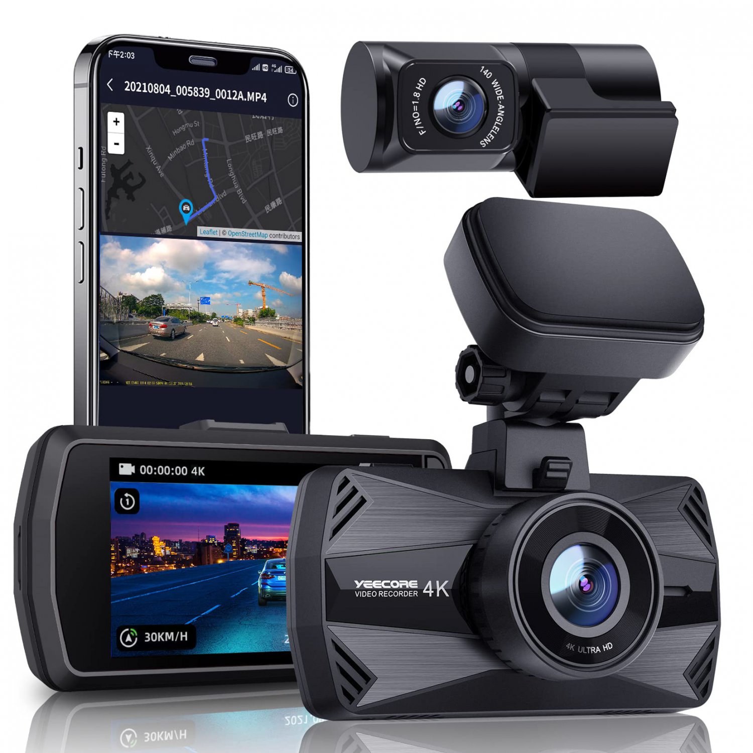 Yeecore 4K Dual Dash Cam 5G WiFi GPS, Real 4K+HDR 1080P Dash Cam Front and Rear, 3"" LCD Super Night
