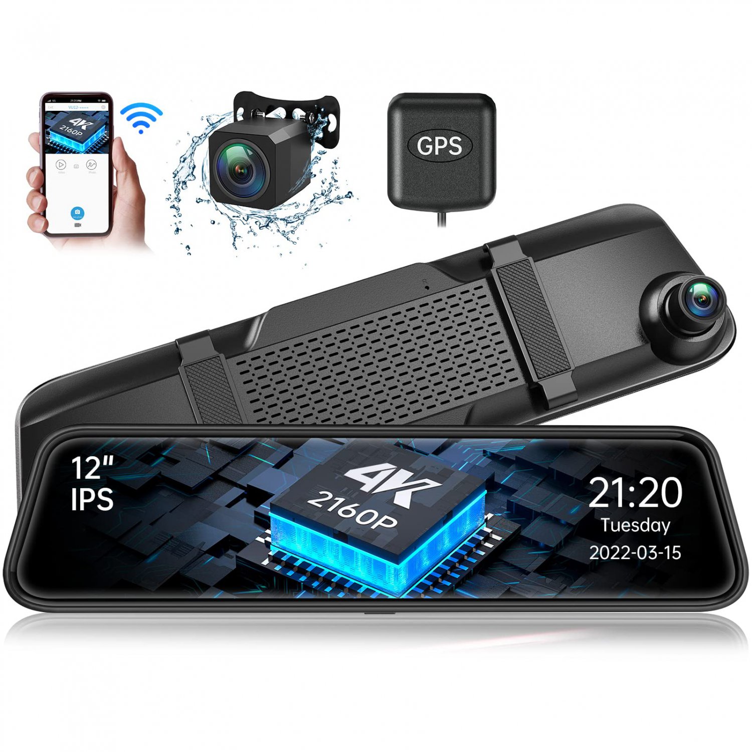 4K WiFi Mirror Dash Cam, Veement 12"" Front and Rear View Mirror Camera with GPS for Car, Sony Starv