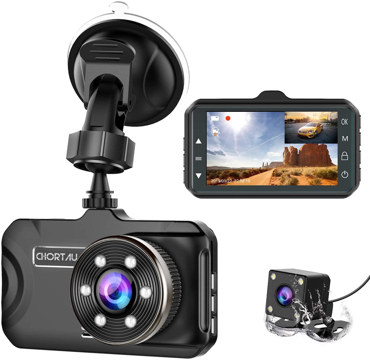Dash Cam Front and Rear CHORTAU Dual Dash Cam 3 inch Dashboard Camera Full HD 170&Acirc;&deg; Wide Angle Backu