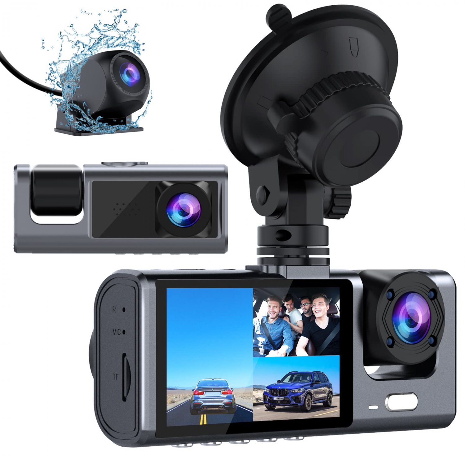 3 Channel Dash Cam Front and Rear Inside, 1080P Dash Camera for Cars, Dashcam Three Way Triple Car C