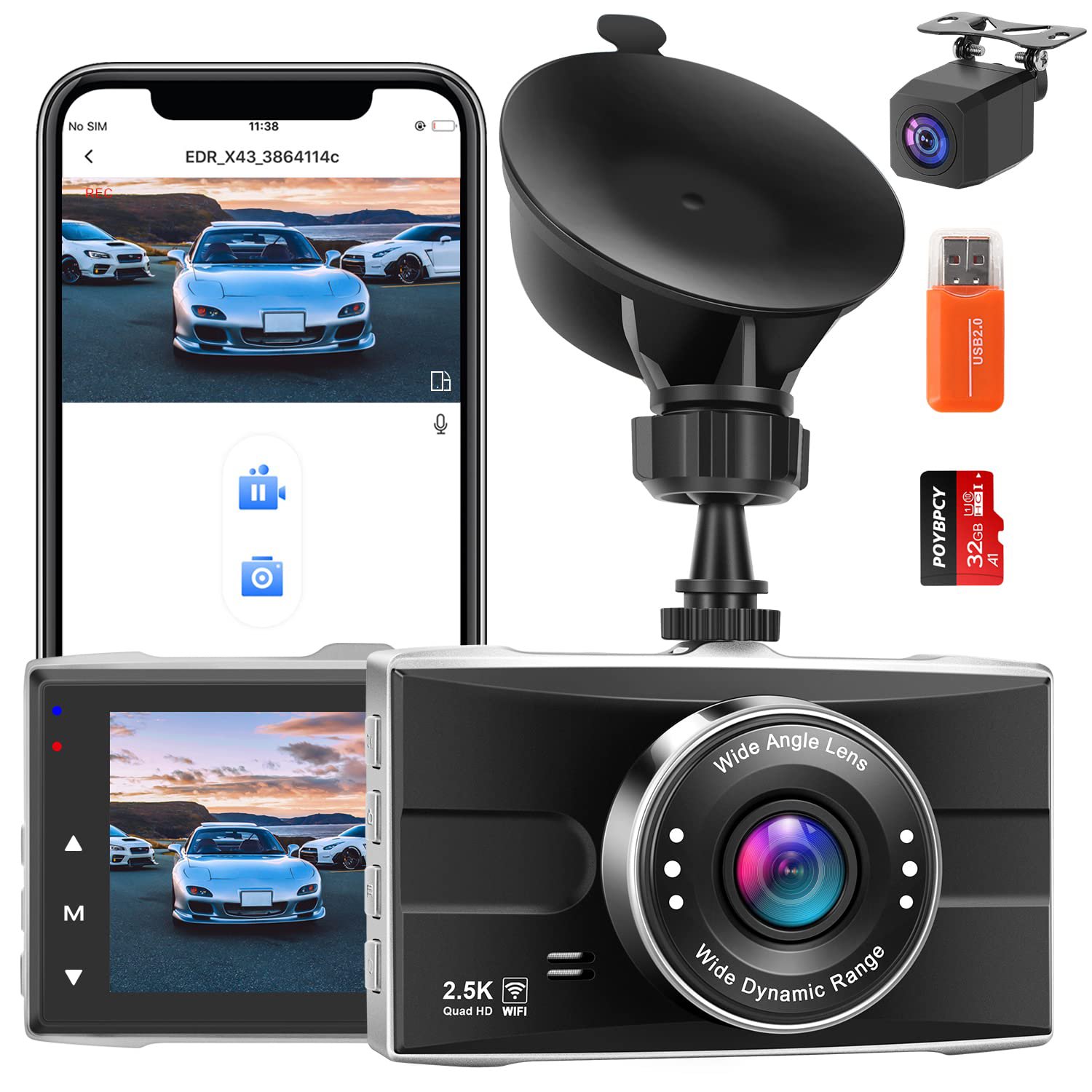 2.5K WiFi Dash Cam Front and Rear, 1440P Quad HD+1080P FHD Dual Dash Camera for Cars with Super Nigh