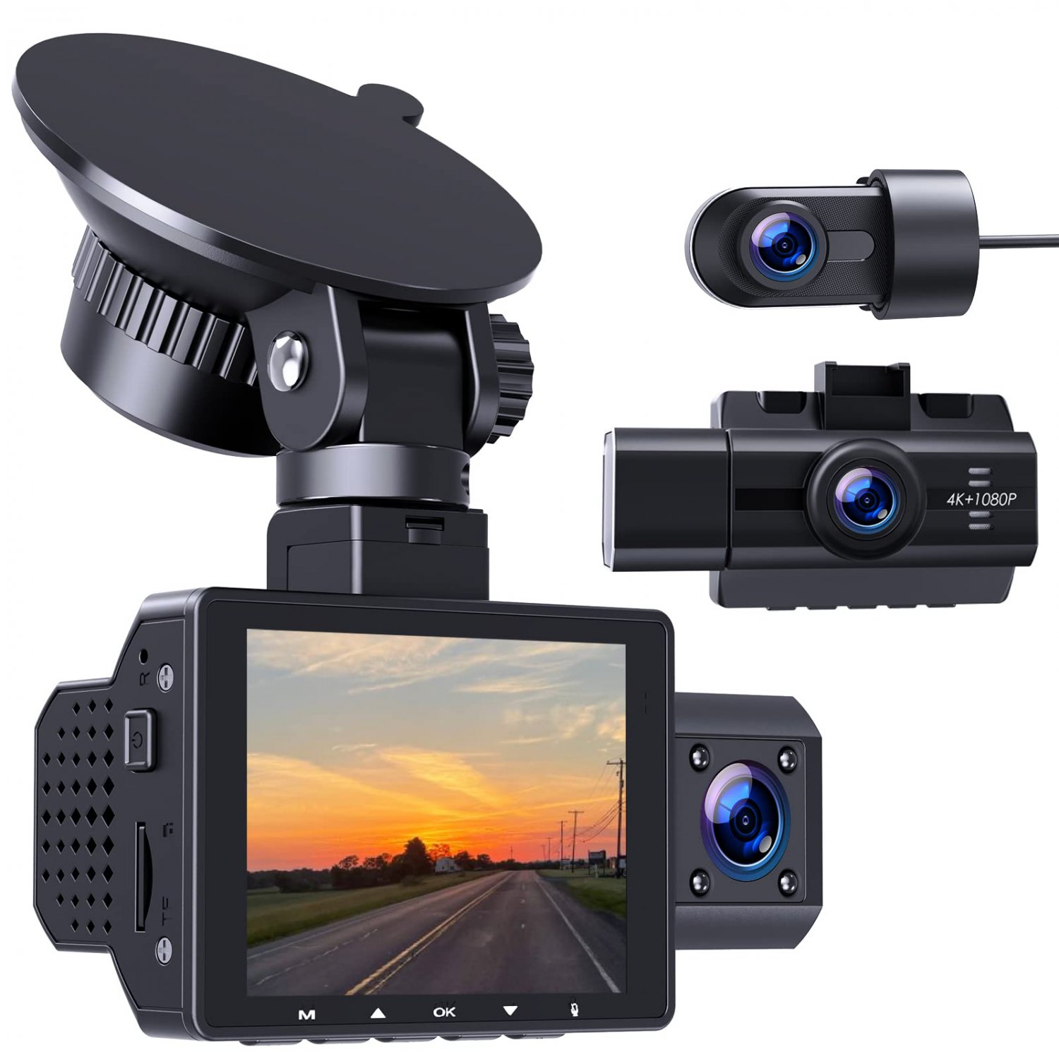 Cambase 3 Channel Dash Cam,4K+1080P Dash Cam Front and Rear, 1440P+1080P+1080P Three-Way Car Camera,