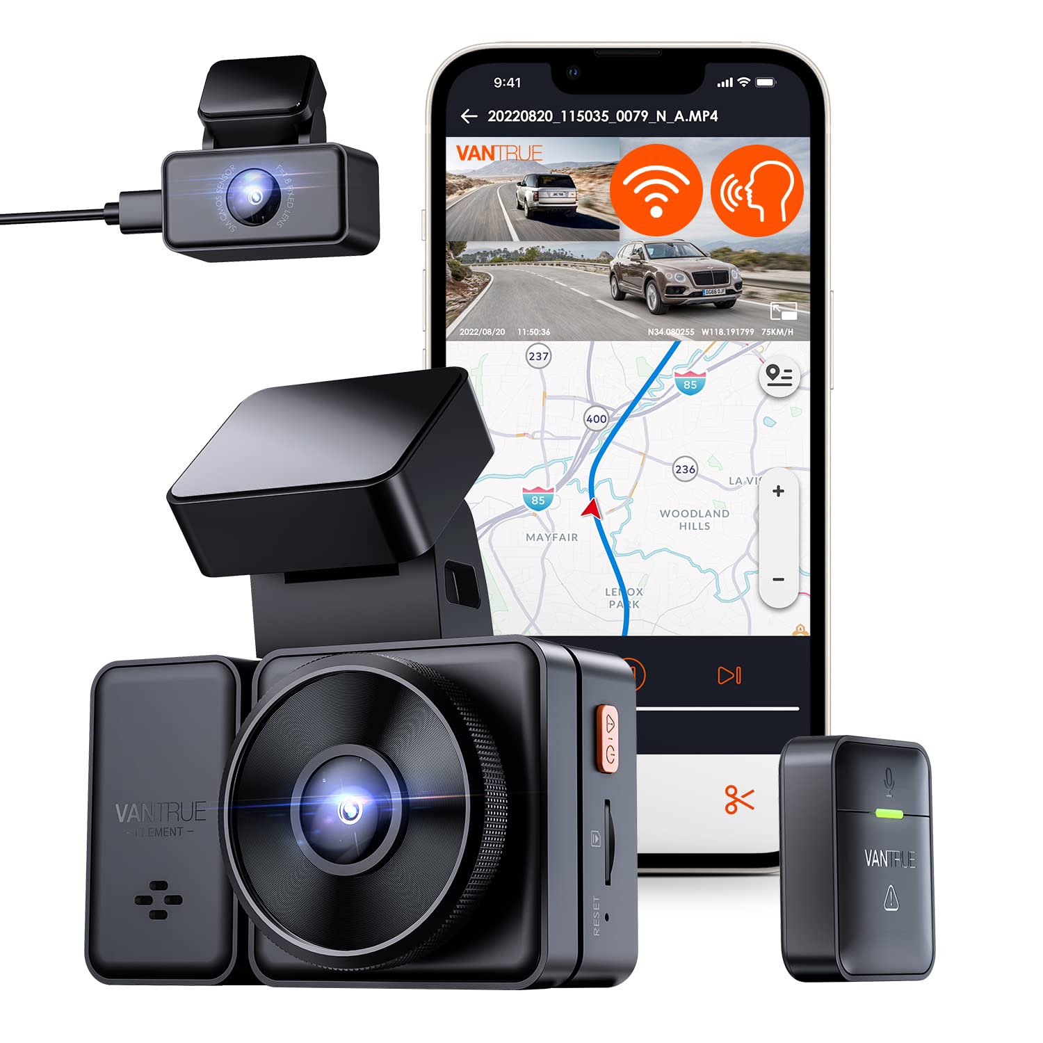 Vantrue E2 2.5K WiFi Dual Dash Cam with GPS, Voice Control Front and Rear 1944P+1944P 2.45"" Mini Ca