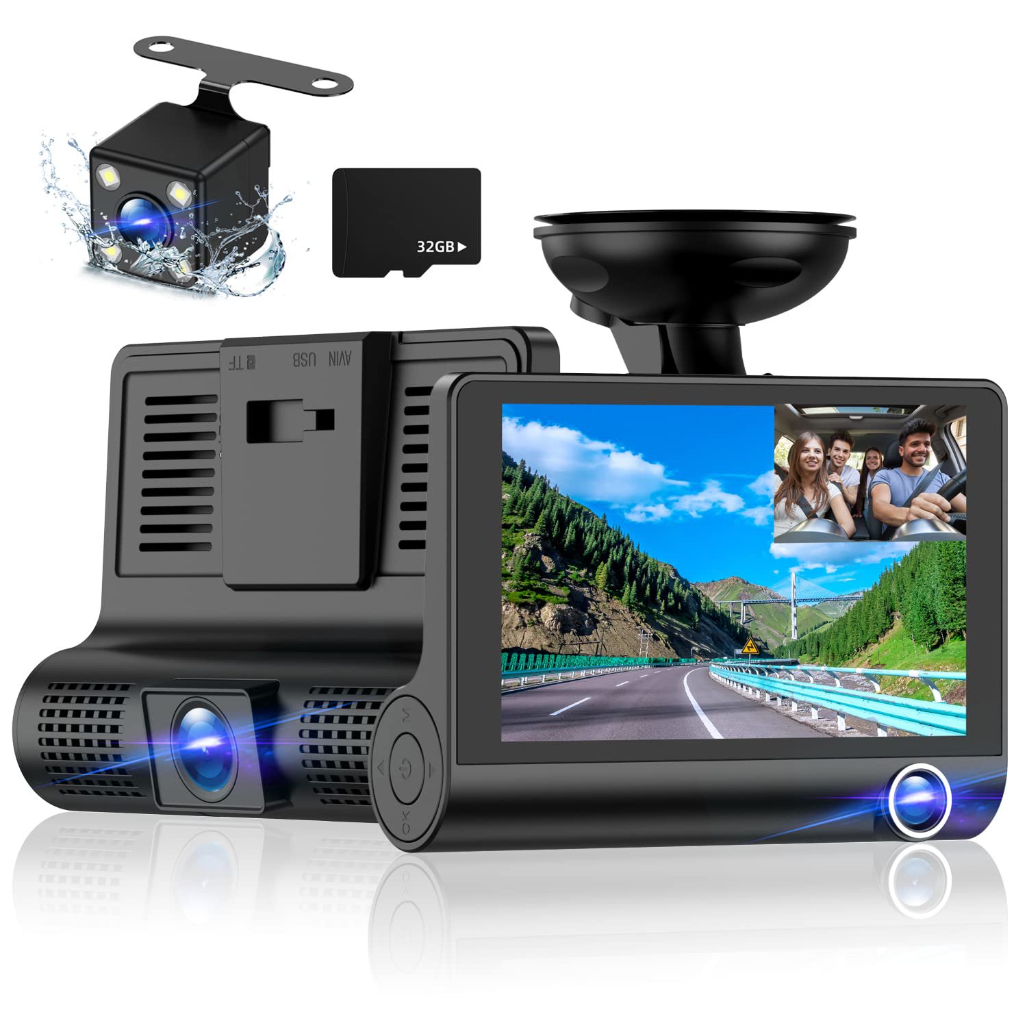 Dash-Cam-Front-and-Inside Video Recorder Rear Camera 1080P Dashcam with 4 inches, Super Night Vision