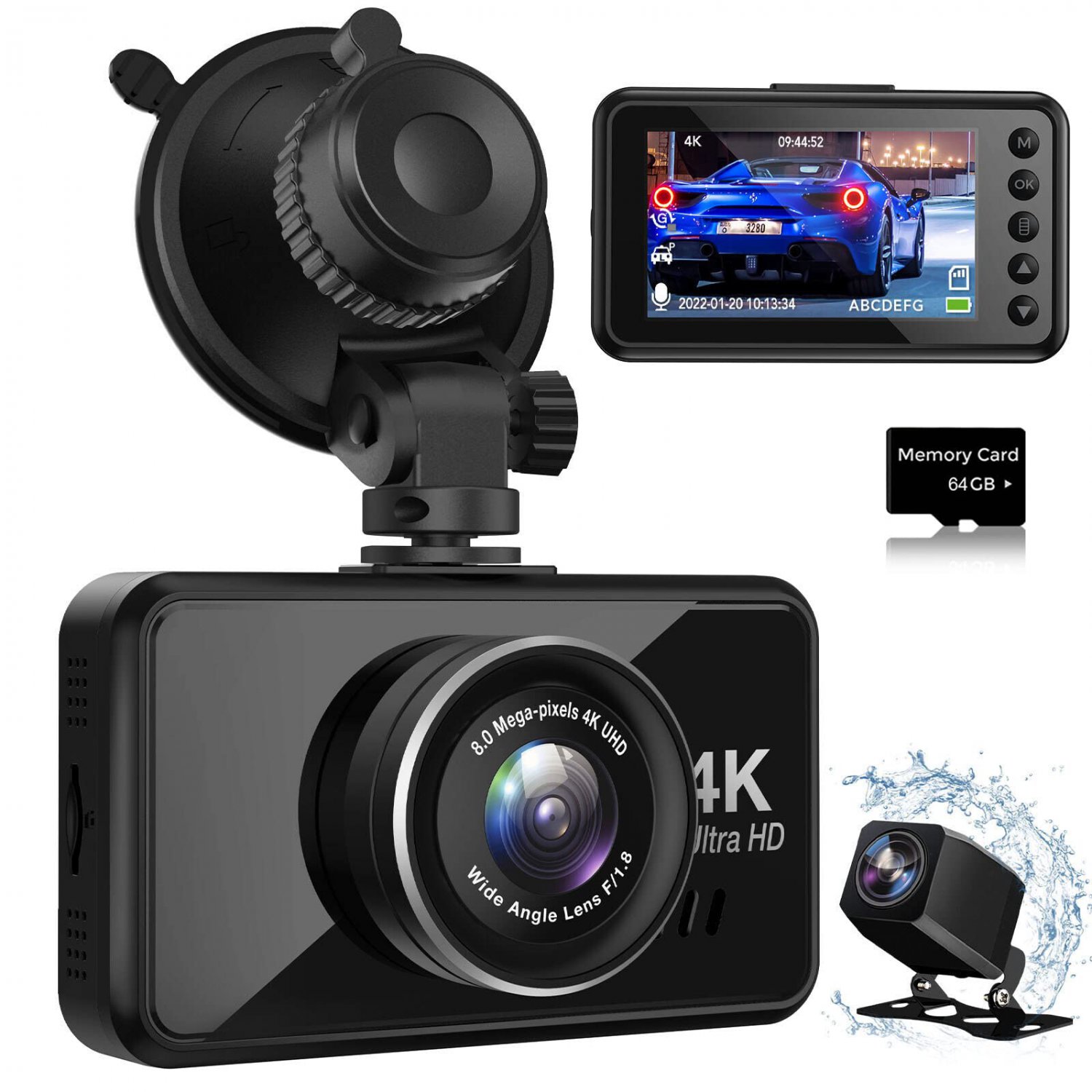 Vonvecy 4K Dual Dash Cam 4K Front and 1080P Rear Dash Camera for Cars，3 ...