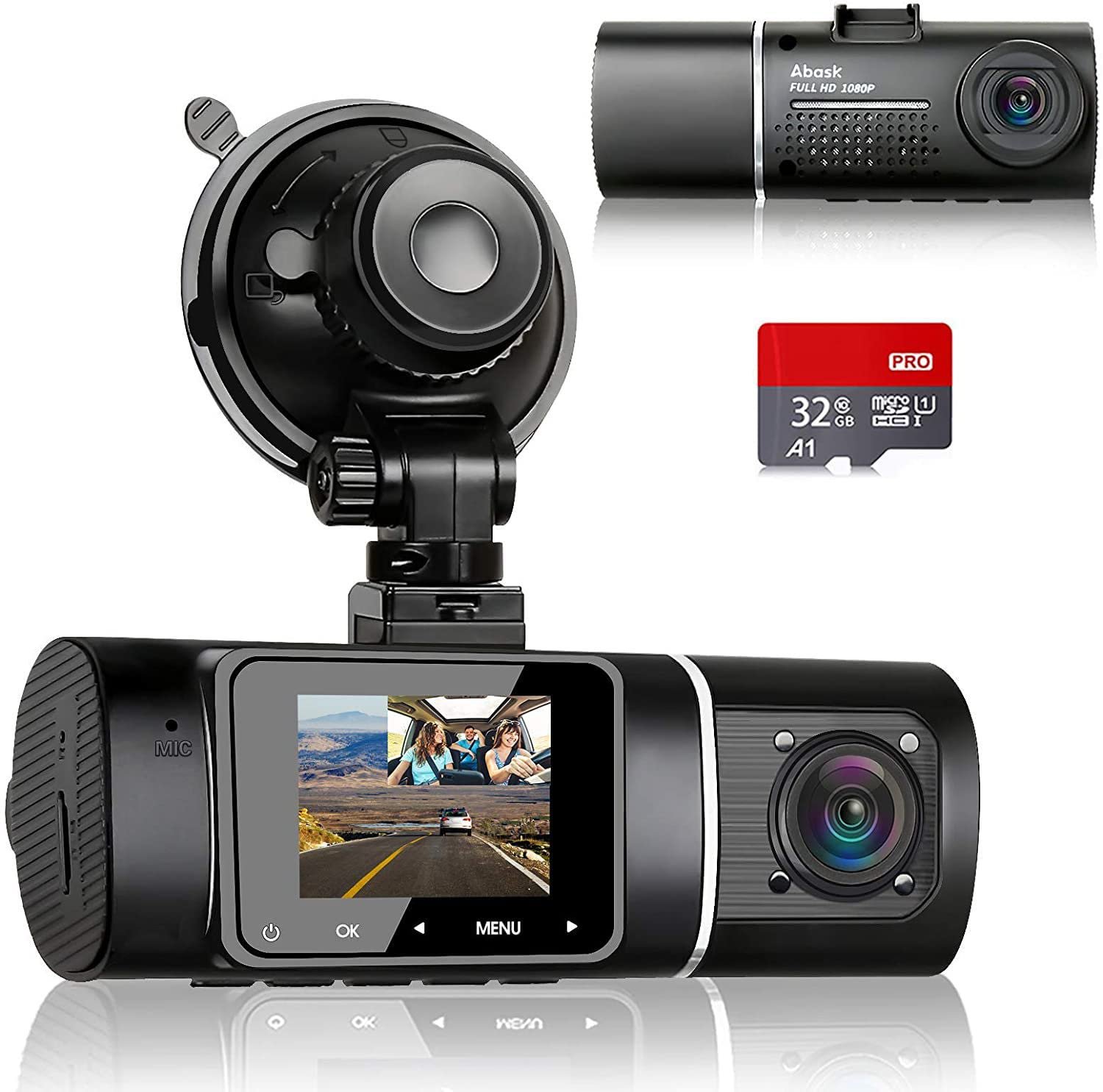 Dash Cam Abask,Dash cam Front and Inside with 32G SD Card,1080P+1080P Dash Camera for Cars, 310&Acirc;&deg; Wi