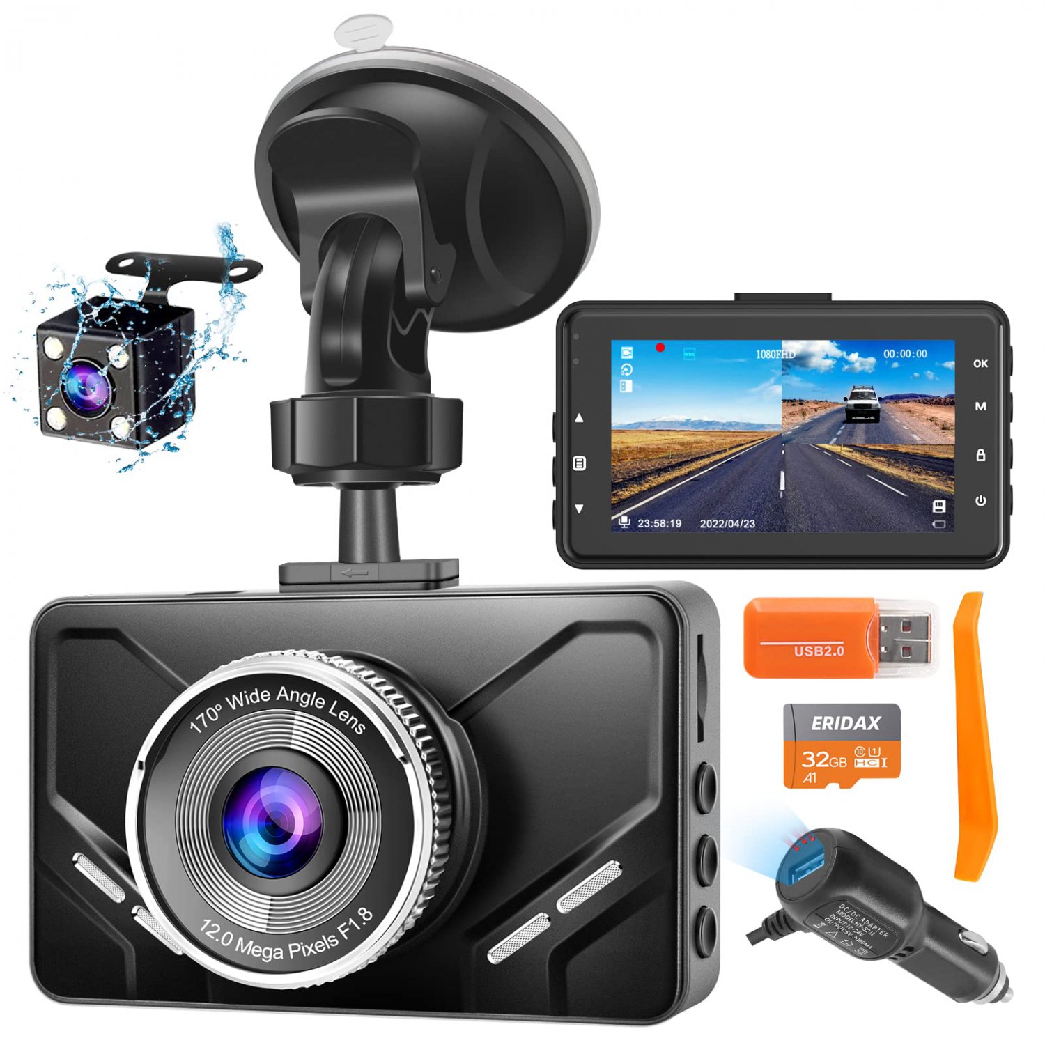 Dash Cam Front and Rear with 32G SD Card,ERIDAX 1080P FHD Dash Camera for Cars 3'' IPS Screen,170&Acirc;&deg;W