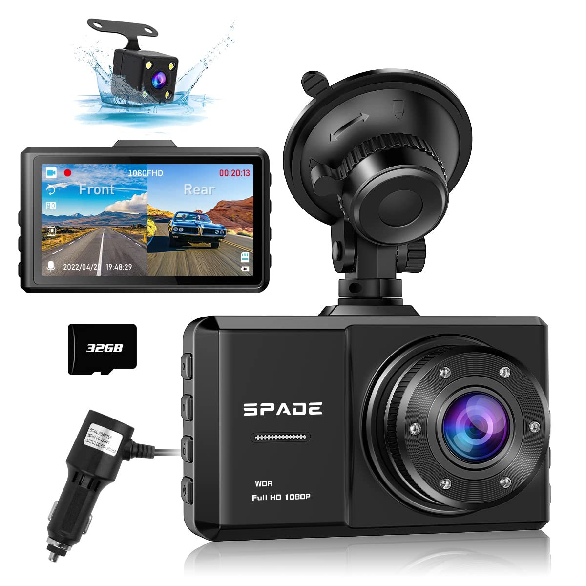 Dash Cam Front and Rear, SPADE Dual Dash Camera with 32G SD Card, Waterproof Backup Camera, 1080P FH