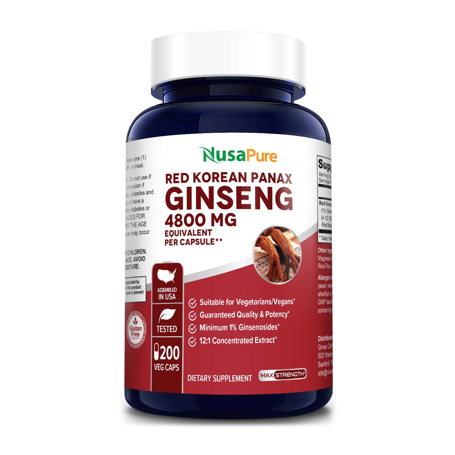Red Korean Panax Ginseng 4,800mg 200 Veggie Caps (Non-GMO, Extract 12:1 & Gluten-Free)
