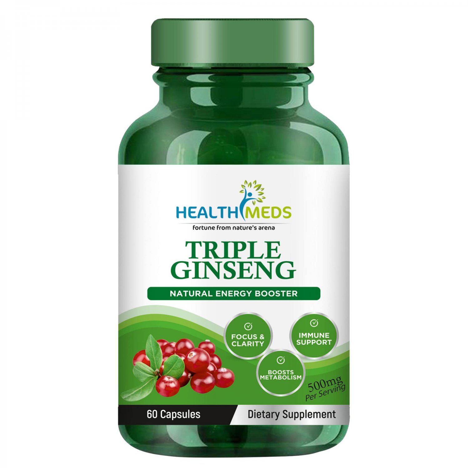 Healthmeds Triple Korean Red Ginseng Root Extract Dietary Supplement for Men & Women - 500mg 60Veg C