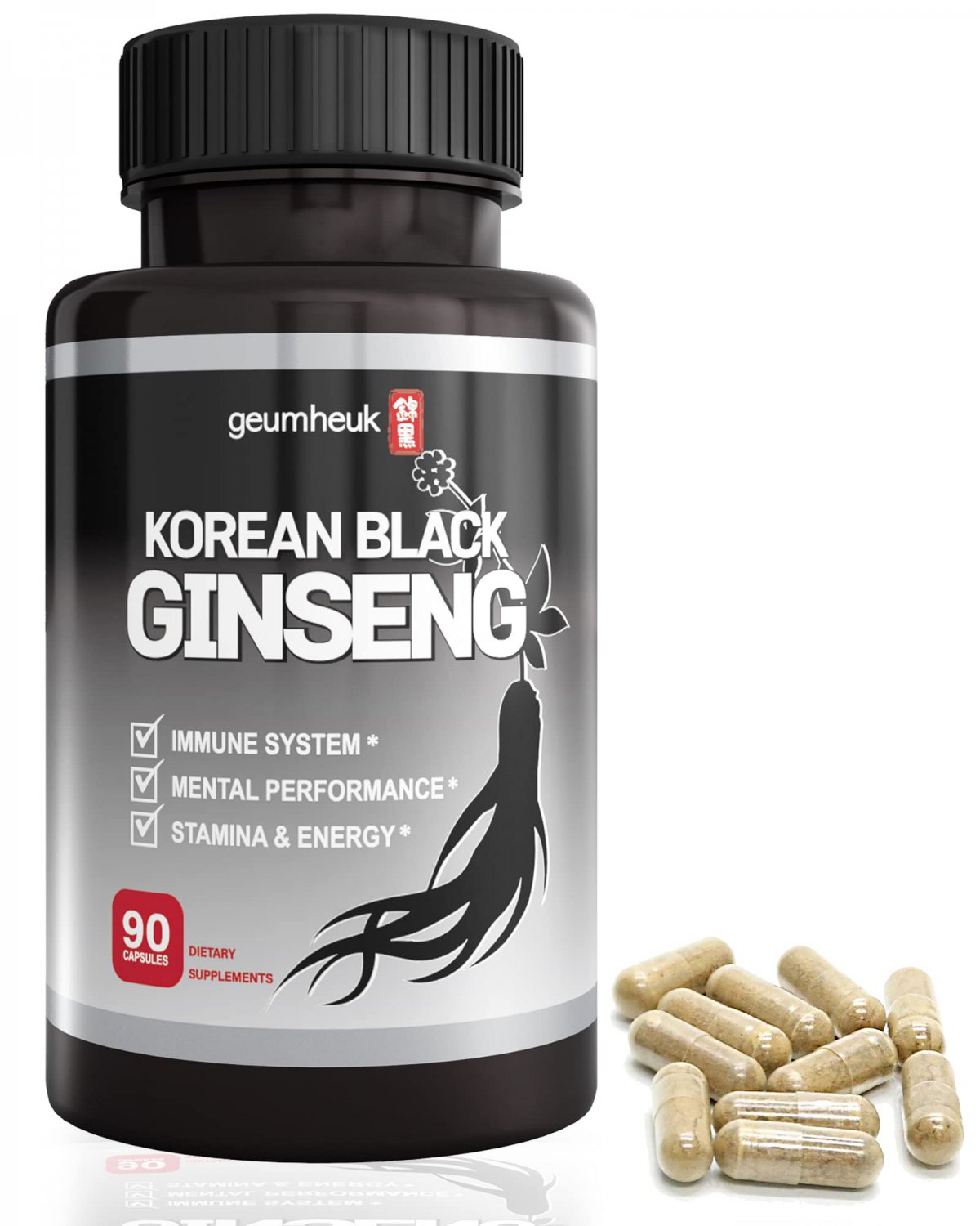 GeumHeuk Korean Black Panax Ginseng Capsule 1000mg Supplement - 90 Vegan Capsules Non GMO, High Gins