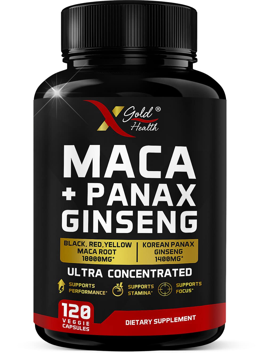 Maca Root Capsules 10,000mg + Korean Panax Ginseng 1,400mg - 20x Concentrated Extract Black + Red + 