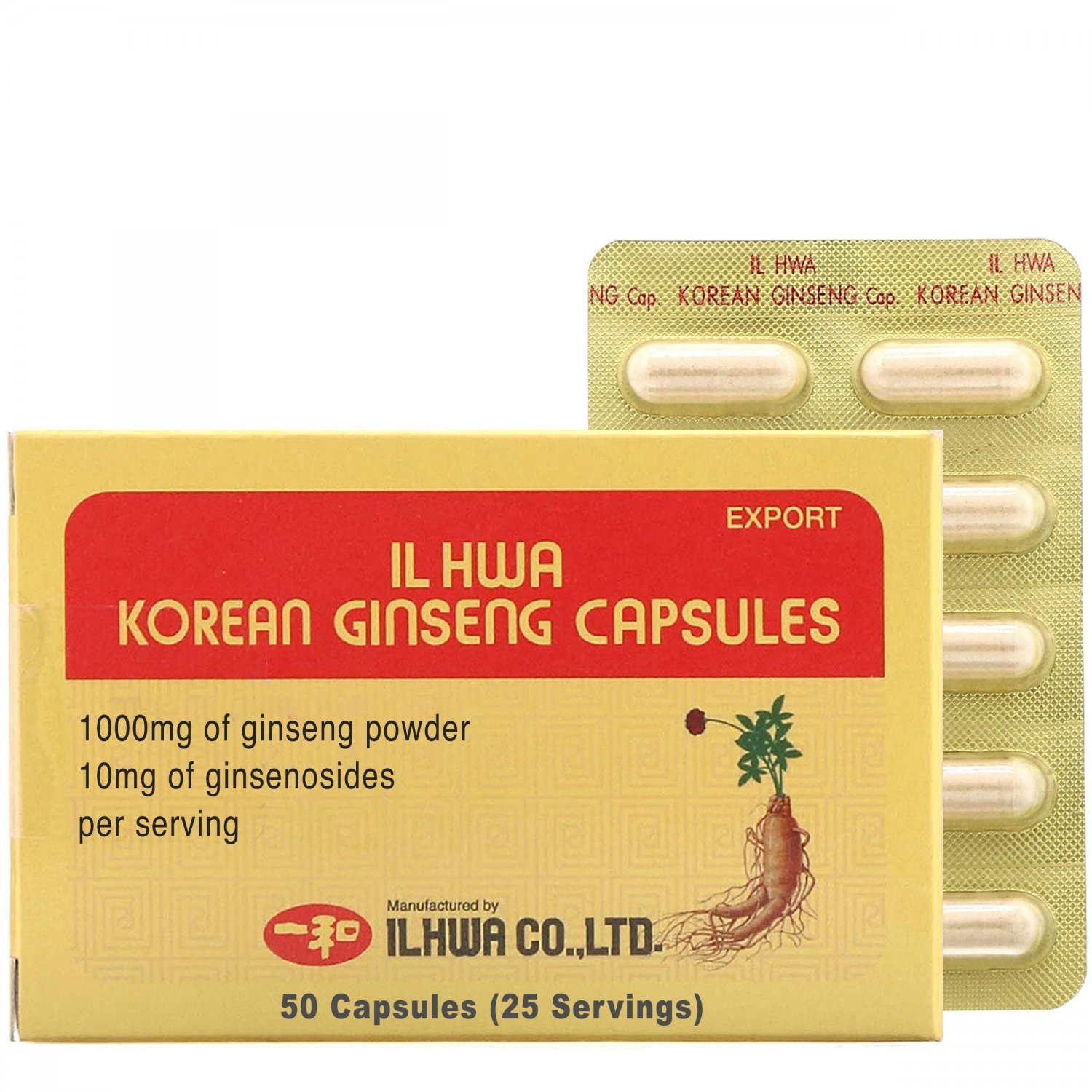 ILHWA Ginseng Powder Capsule (50 Capsules, 25 Servings) - 1000mg of 100% Korean Panax Root Powder, 1