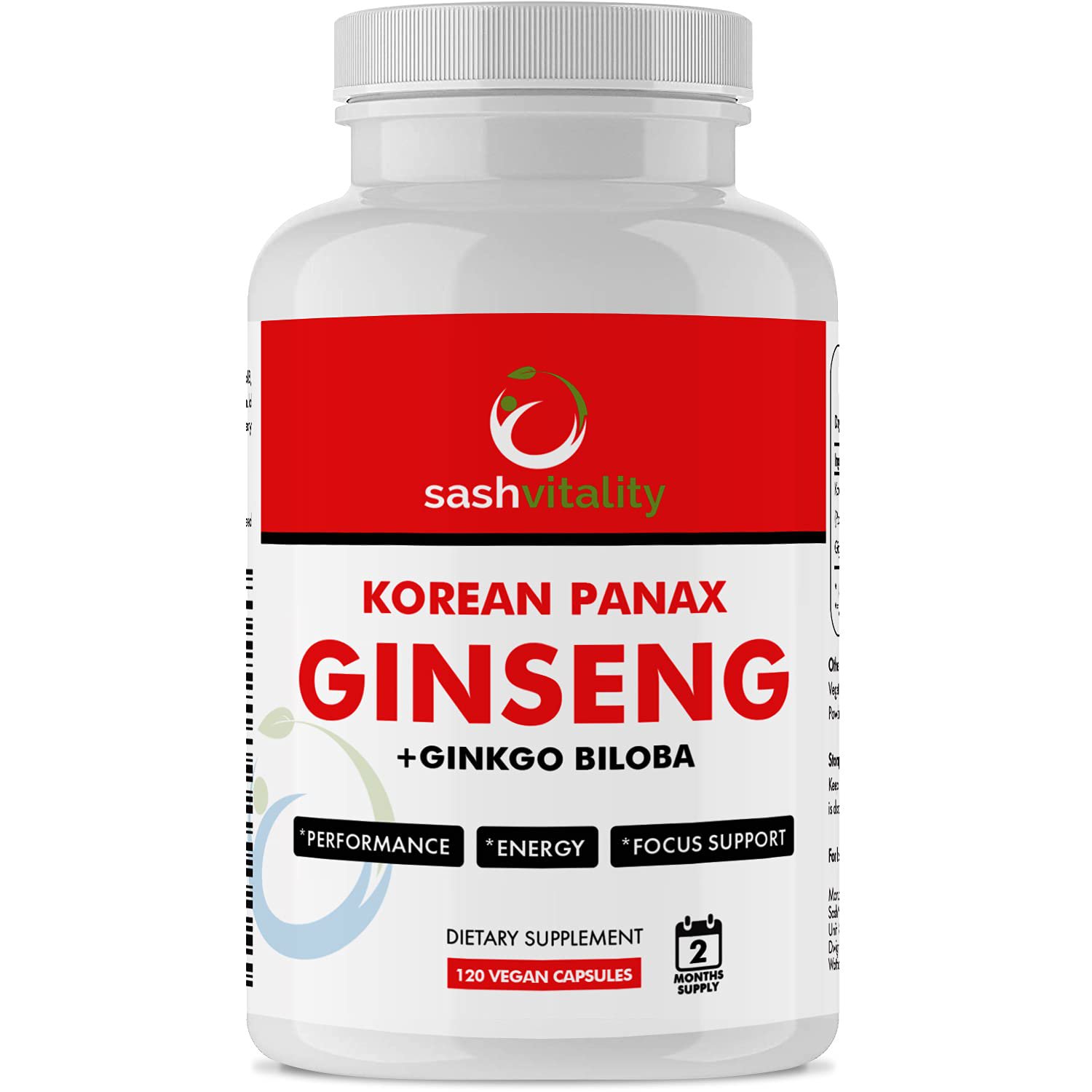 Korean Red Panax Ginseng + Ginkgo Biloba - High Strength Natural Ginseng 1300mg ? 120 Vegan Capsules
