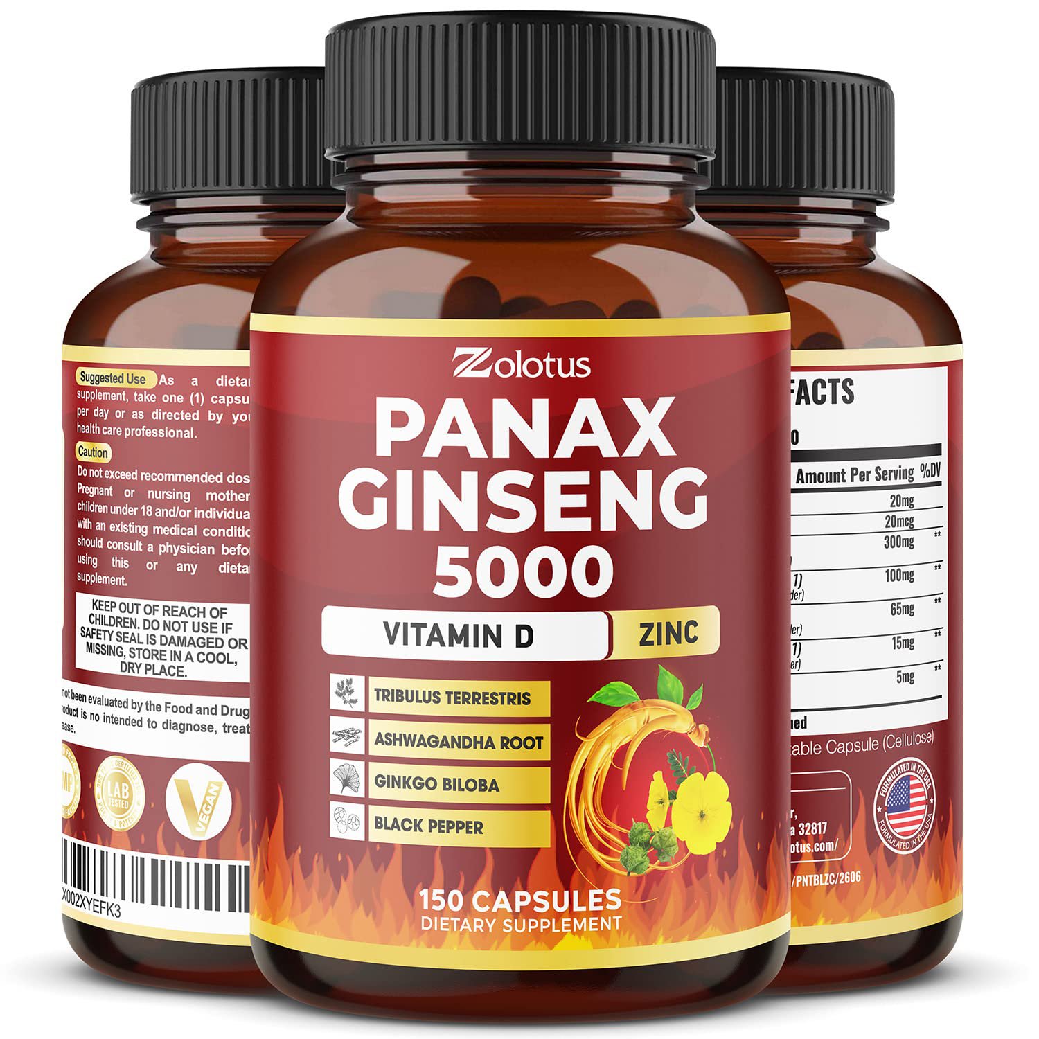7 in 1 Premium Panax Ginseng + Tribulus Terrestris, 5 Months Supply, 5000 mg per Capsule wtih Ashwag