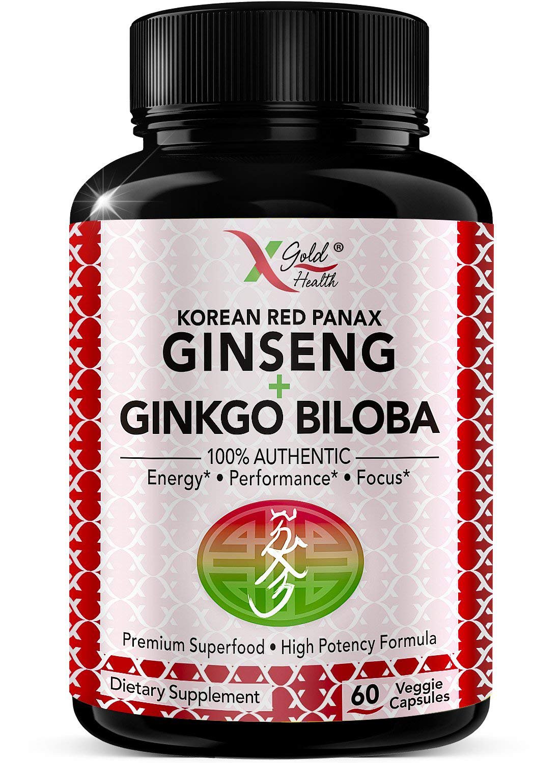 Korean Red Panax Ginseng 1200mg + Ginkgo Biloba - Extra Strength Root Extract Powder Supplement w/Hi