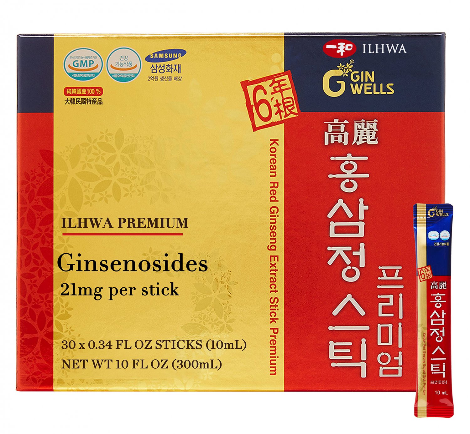 ILHWA Red Ginseng Premium Stick (30pc, 10oz) - Aged 6 Years 100% Korean Panax Extract Liquid Portabl