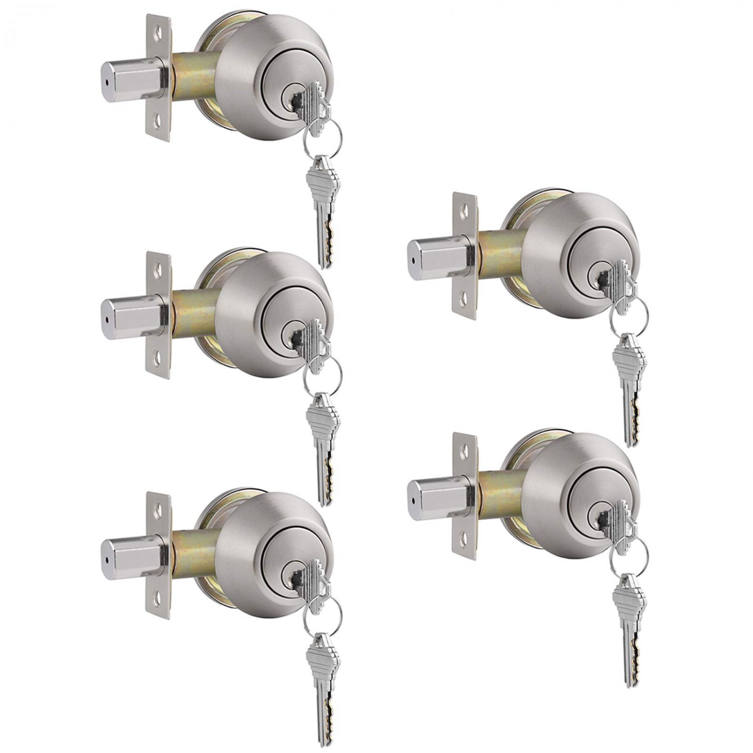Gobrico 5 Pack Satin Nickel Keyed-Alike Single Cylinder Deadbolts Keyed on One Side Door Locksets wi