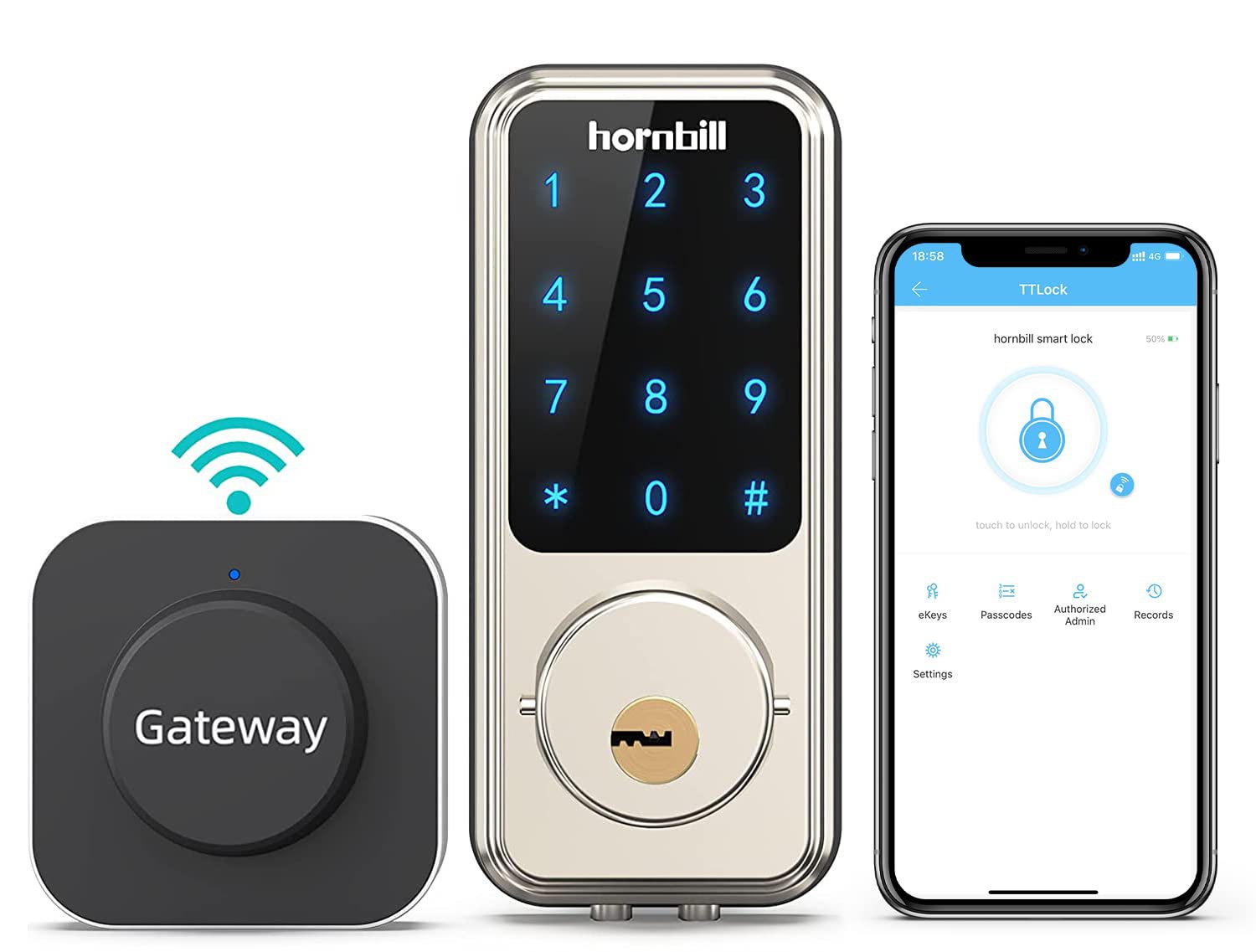 Wi-Fi & Bluetooth Smart Lock, Keyless Entry Smart Front Lock, Hornbill Touch Screen Keypads, App Con