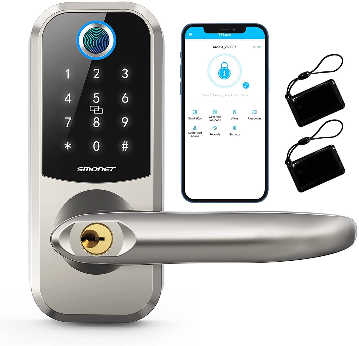 Smart Lock, SMONET Deadbolt Lock with Keypad, Keyless Entry Biometric Fingerprint Front Door Locks, 