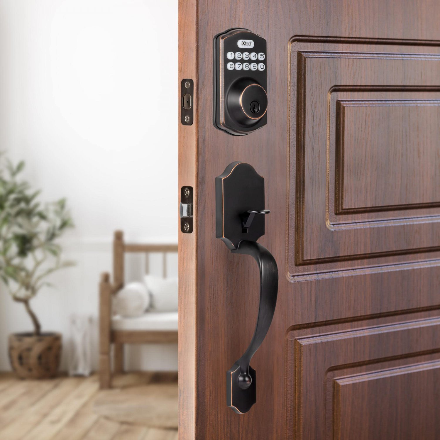 IXTECH Home Keyless Entry Door Lock Deadbolt with Handle, Fits Standard Right and Left Hand Front Do