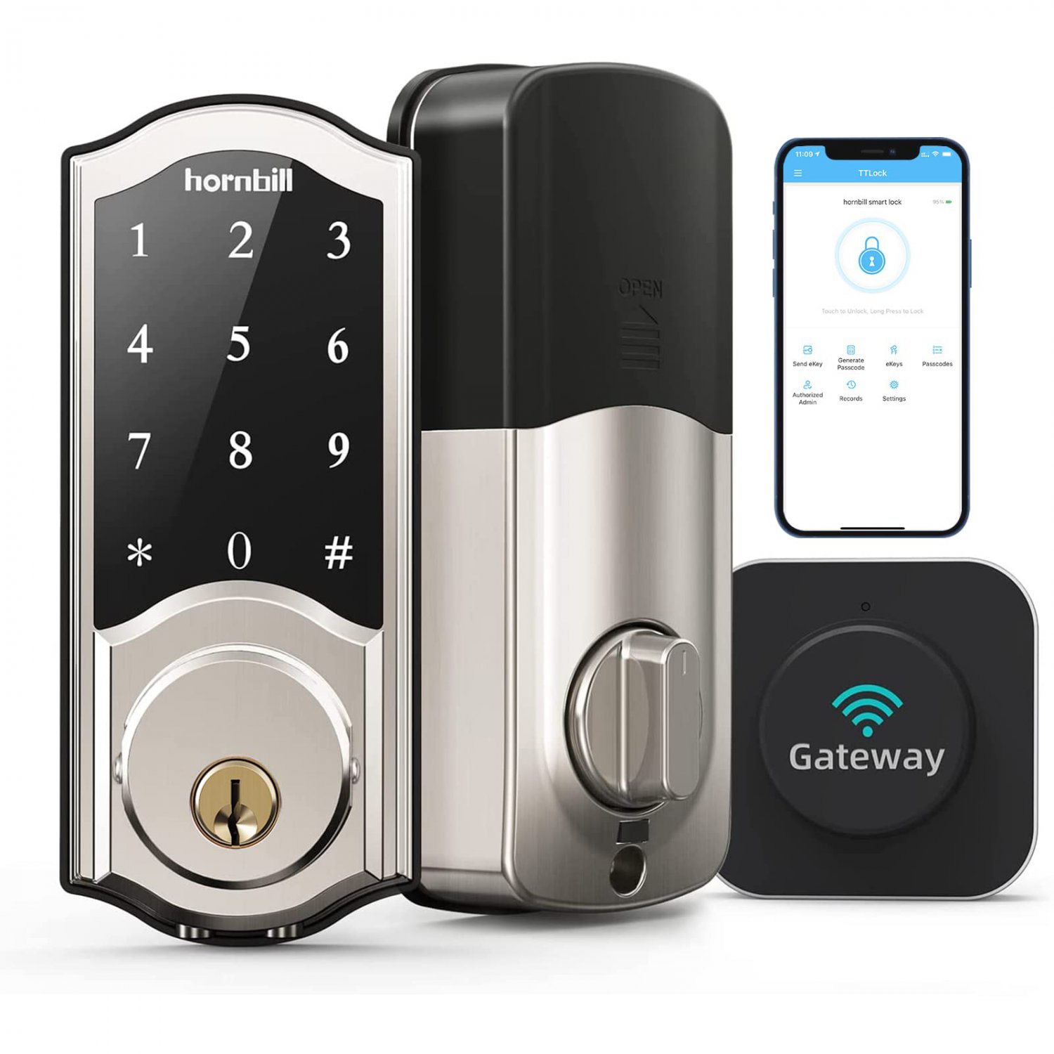 WiFi Smart Locks Deadbolt with Keypad, Hornbill Keyless Entry Digital Front Door Lock with Gateway H