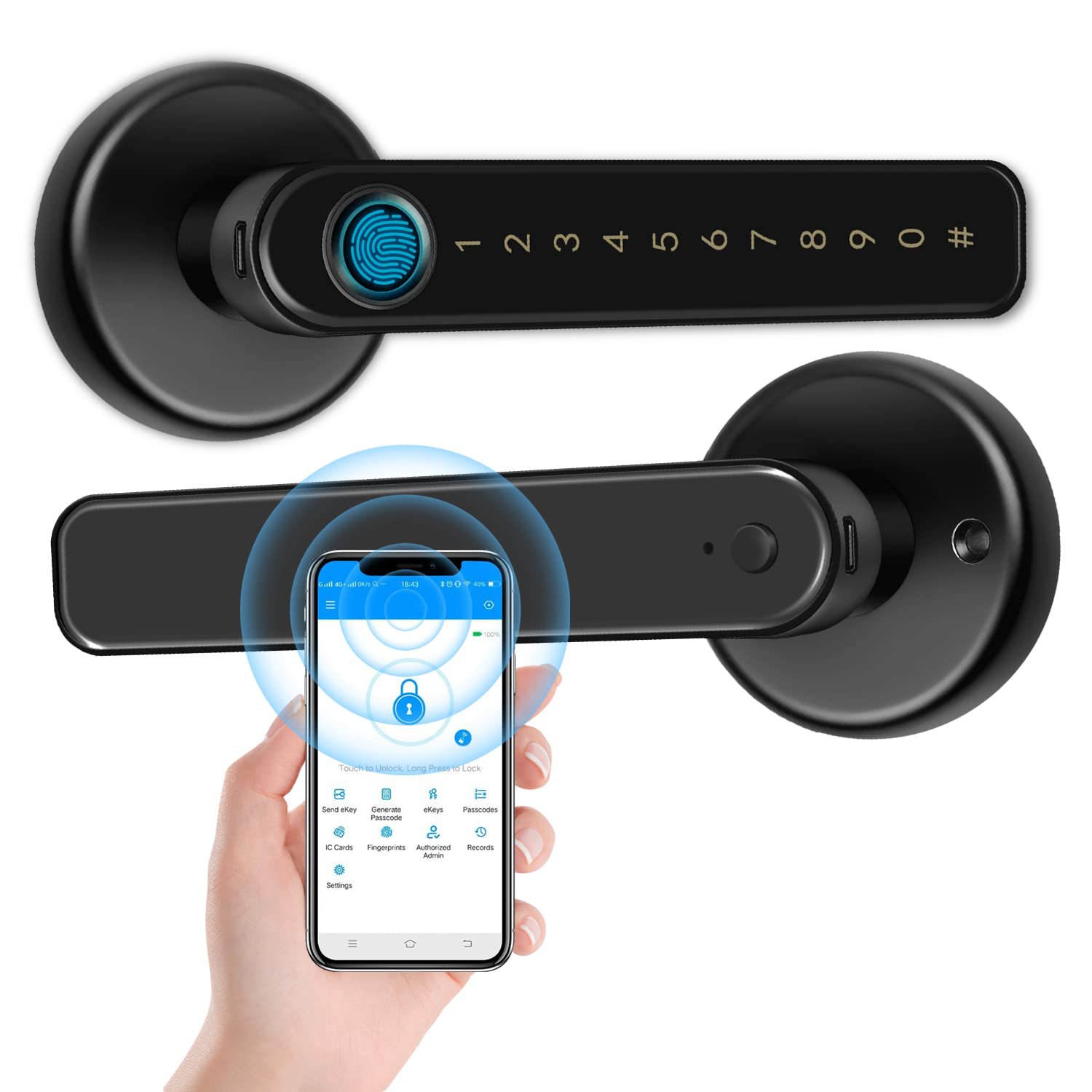 GEKRONE Fingerprint Lock with Touchscreen Smart Room Door App Digital Lever Lock Keyless Entry Front