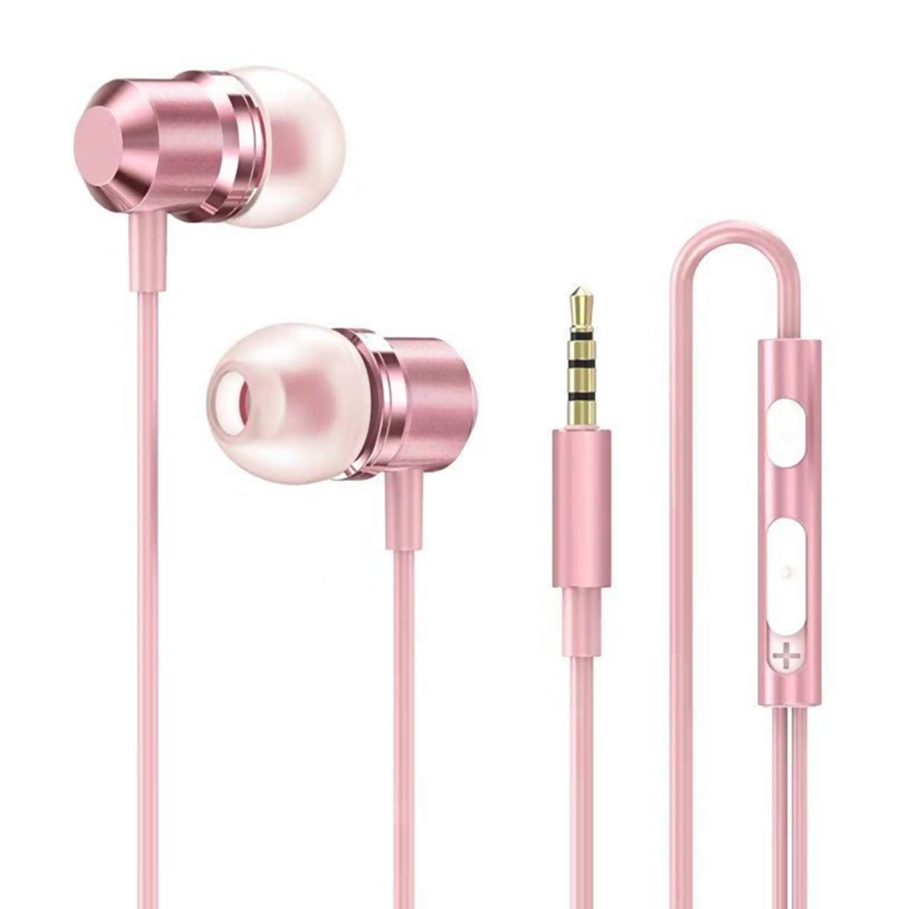 Rose Gold Wired Earbuds, Wowen Pink Earphones with Mic, Small Pink Kids Headphones with Volume Contr