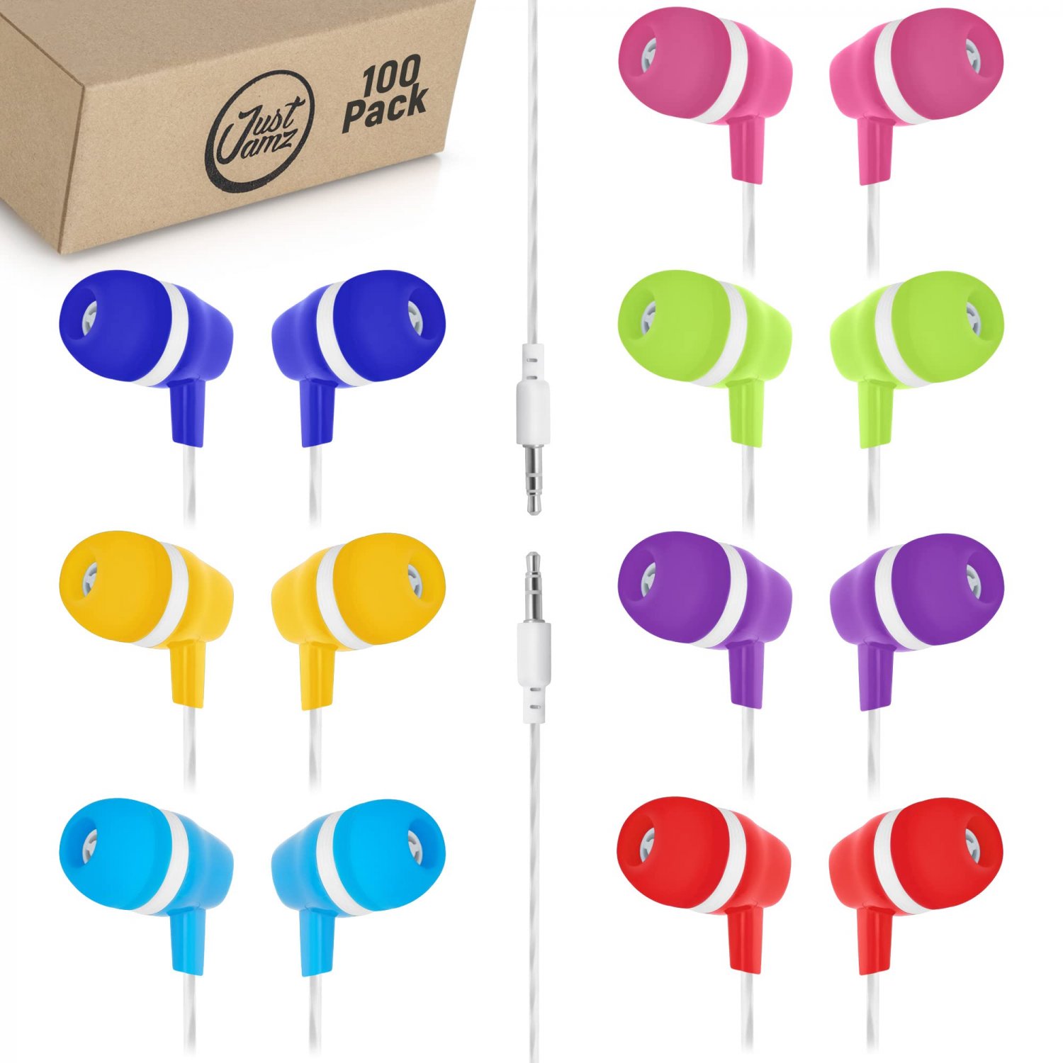 Bulk Earbuds JustJamz Bubbles 100 Pack of Colorful in-Ear Earbuds Mixed Colors Pack of Wired in-Ear 