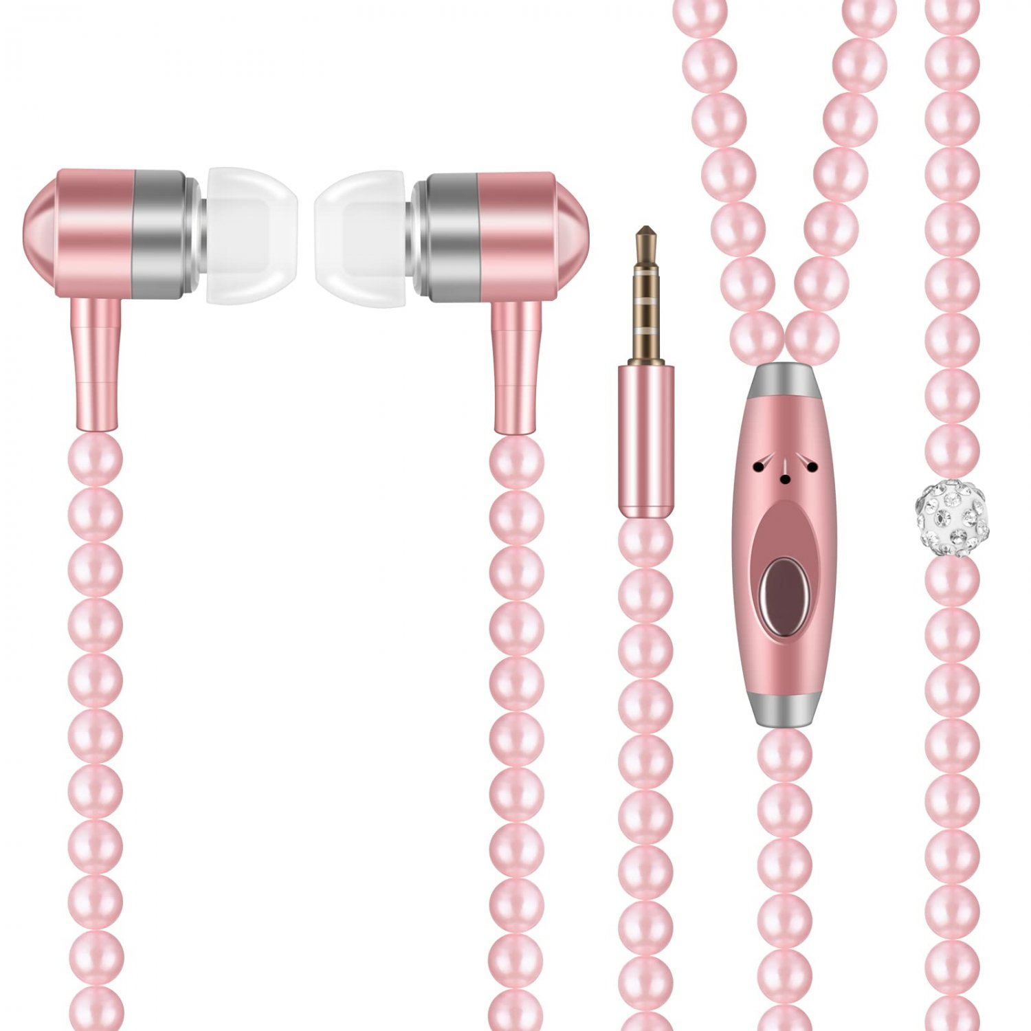 Wired Earbuds in Ear Headphones with Microphone Pearl Necklace Bling Rhinestone Earphones for Women 