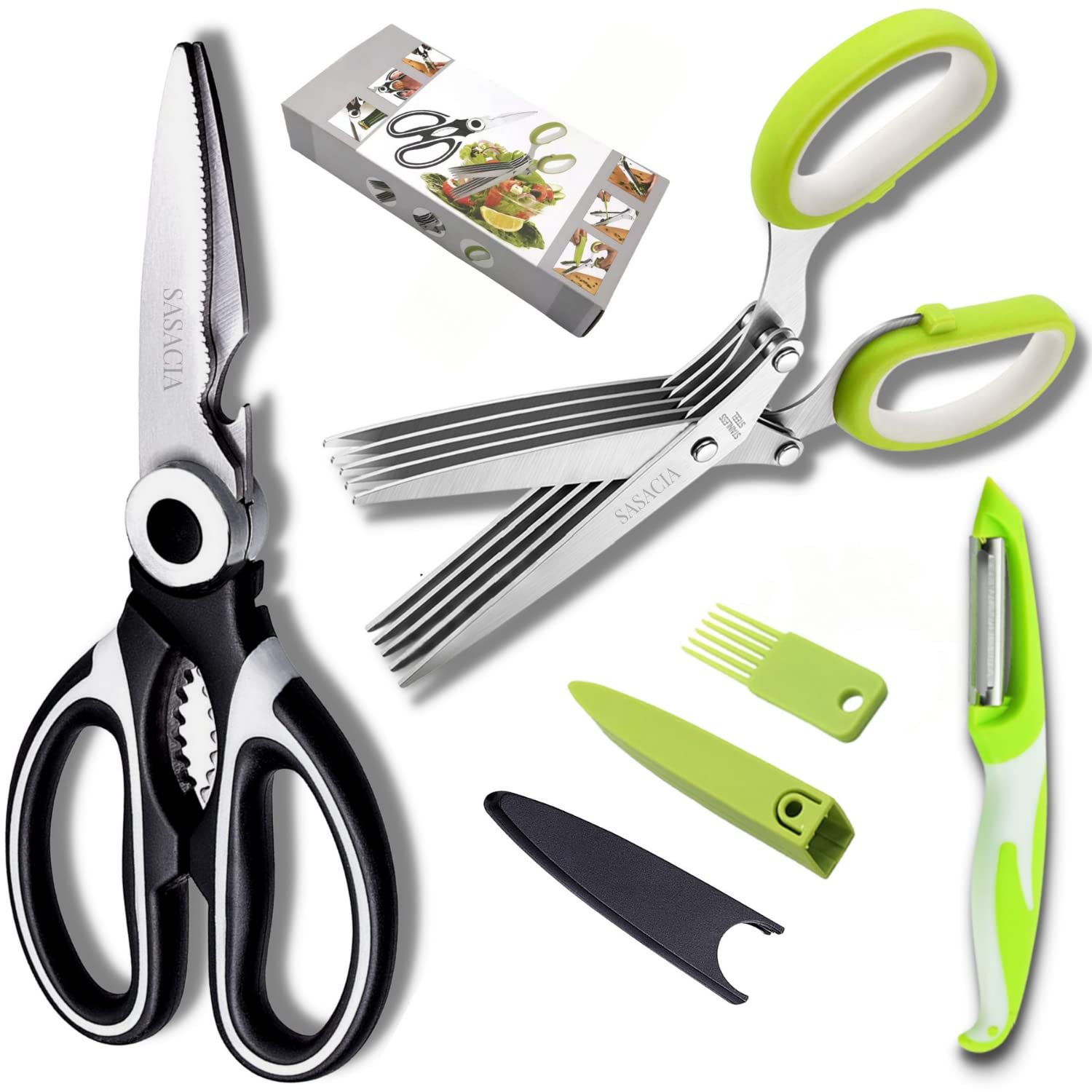 Kitchen Shears Herb Scissors Set - Including a Heavy Duty Multi Function Kitchen Scissors and a 5-bl
