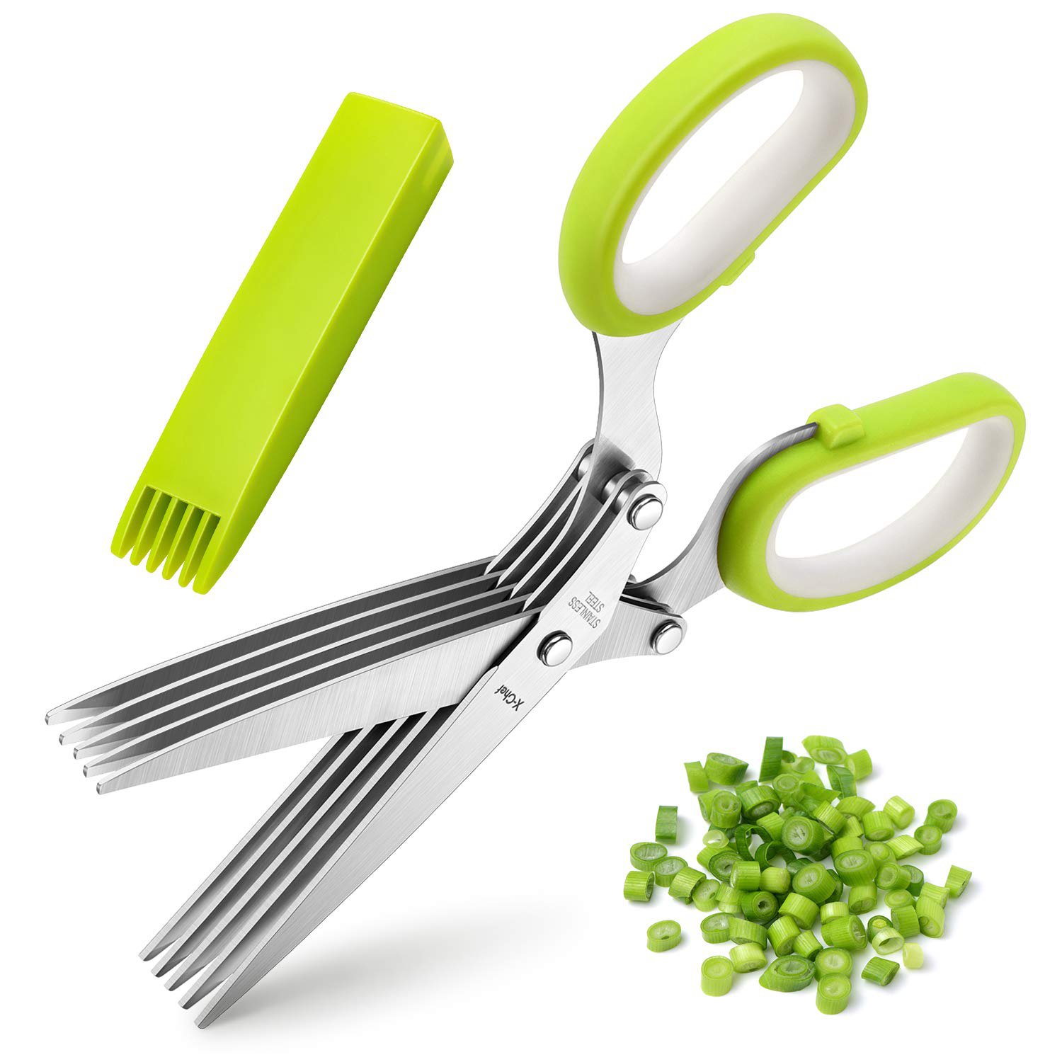 Herb Scissors, X-Chef Multipurpose 5 Blade Kitchen Herb Shears Herb Cutter with Safety Cover and Cle