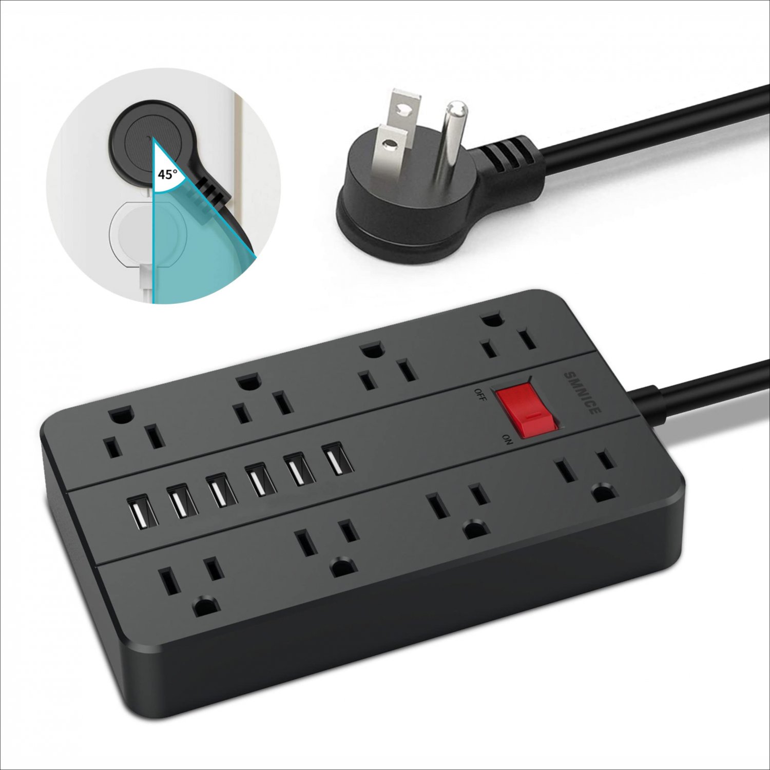 Power Strip with USB,SMNICE Surge Protector Flat Plug with 8 Widely-Spaced Outlets & 6 USB Ports, Wa