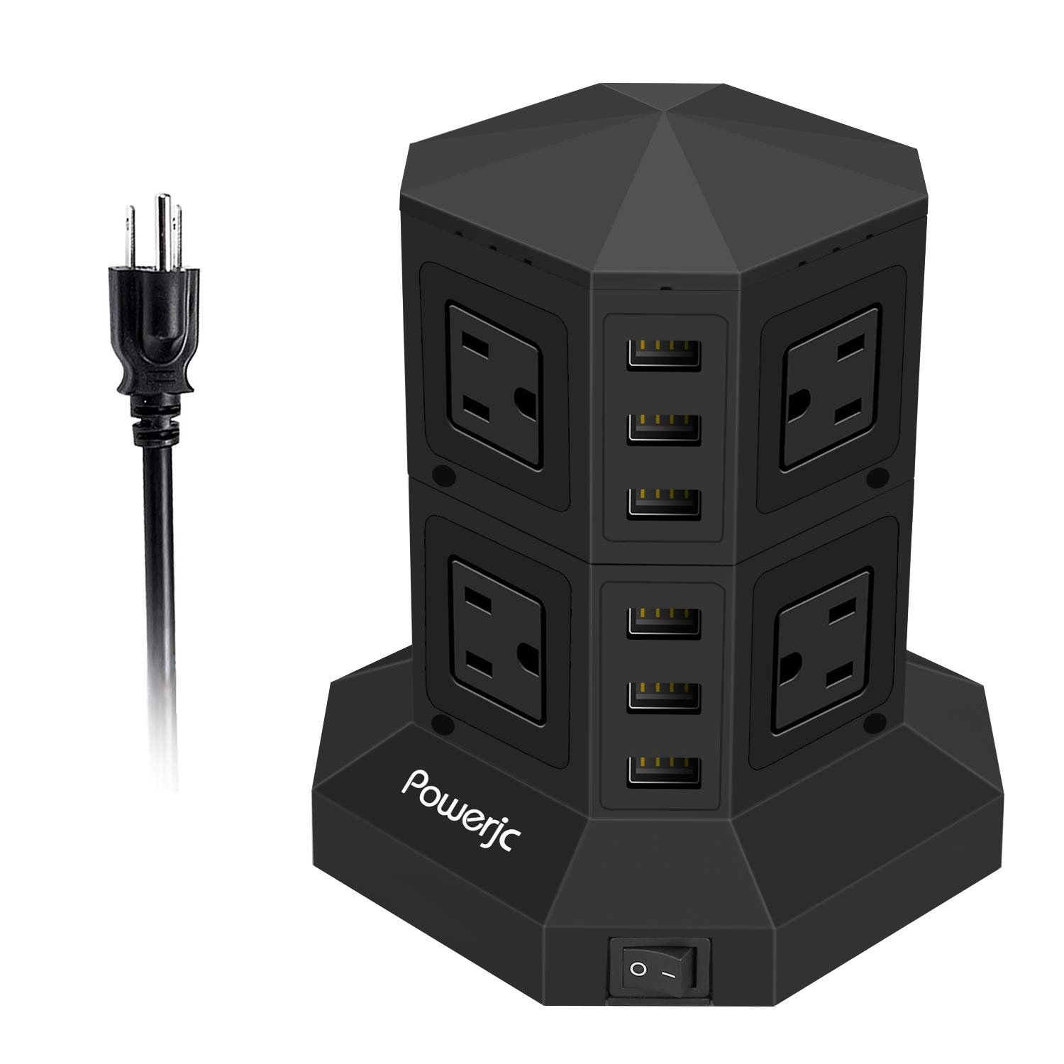 Tower Power Strip Surge Protector 8 AC Outlets with 6 USB Ports Chargers Black-Powerjc
