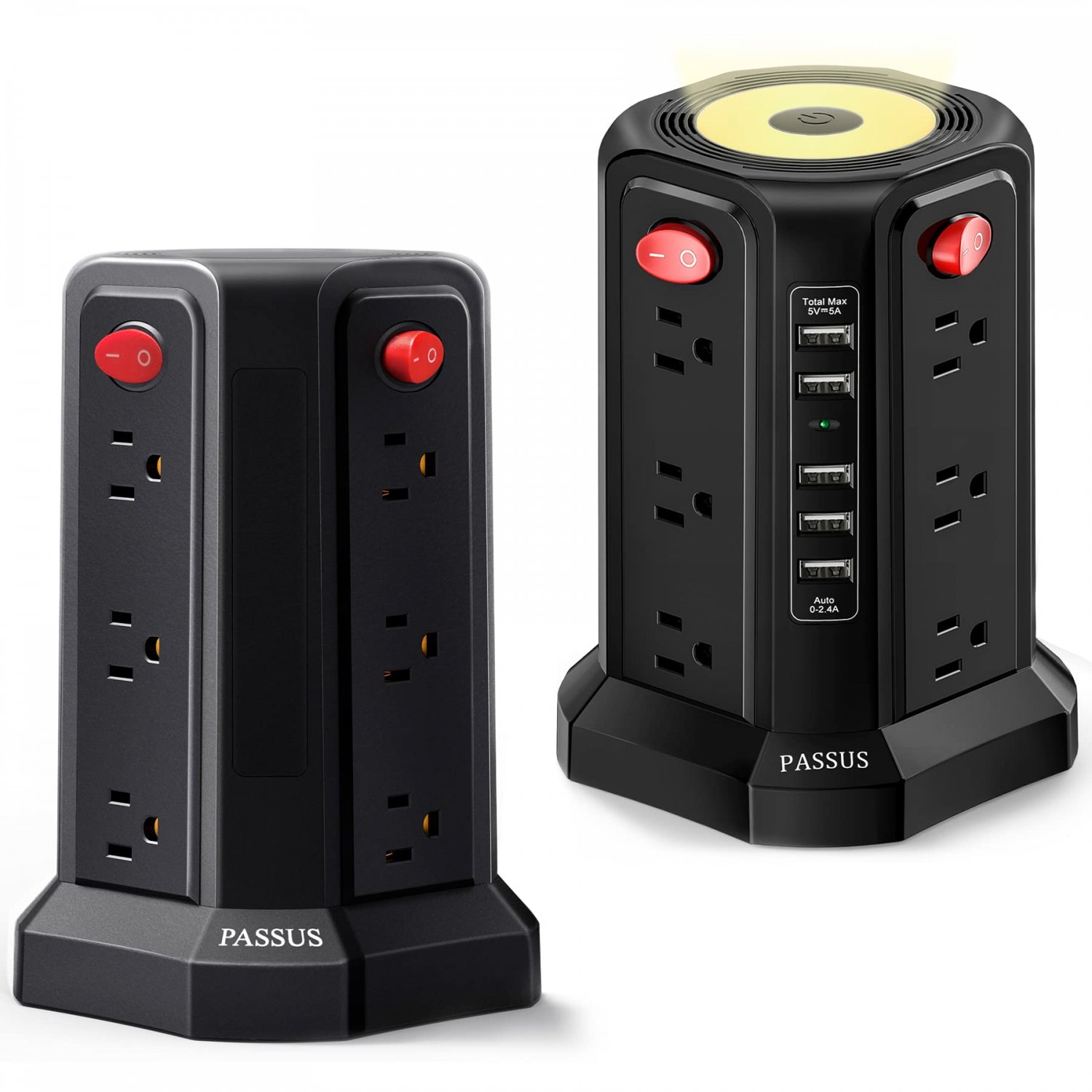 Surge Protector Power Strip Tower with 5 USB Ports and Night Light,10FT Extension Cord with 12 AC Mu