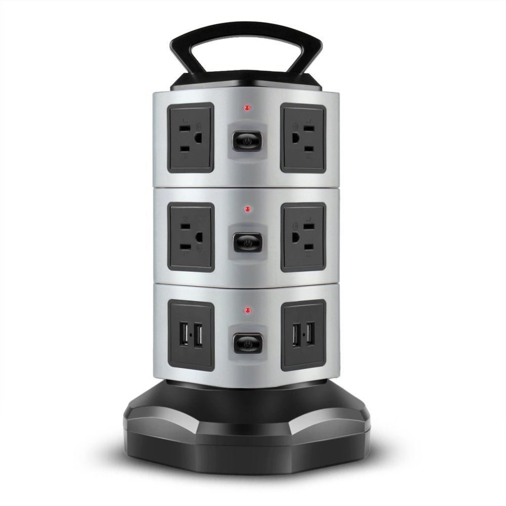 TNP Power Strip Tower with USB Ports Surge Protector - 10 AC Outlet + 4 USB Port Charging Station De