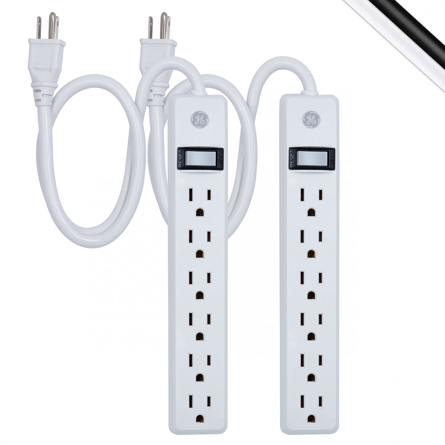 GE 6-Outlet Power Strip, 2 Pack, 2 Ft Extension Cord, Heavy Duty Plug, Grounded, Integrated Circuit 