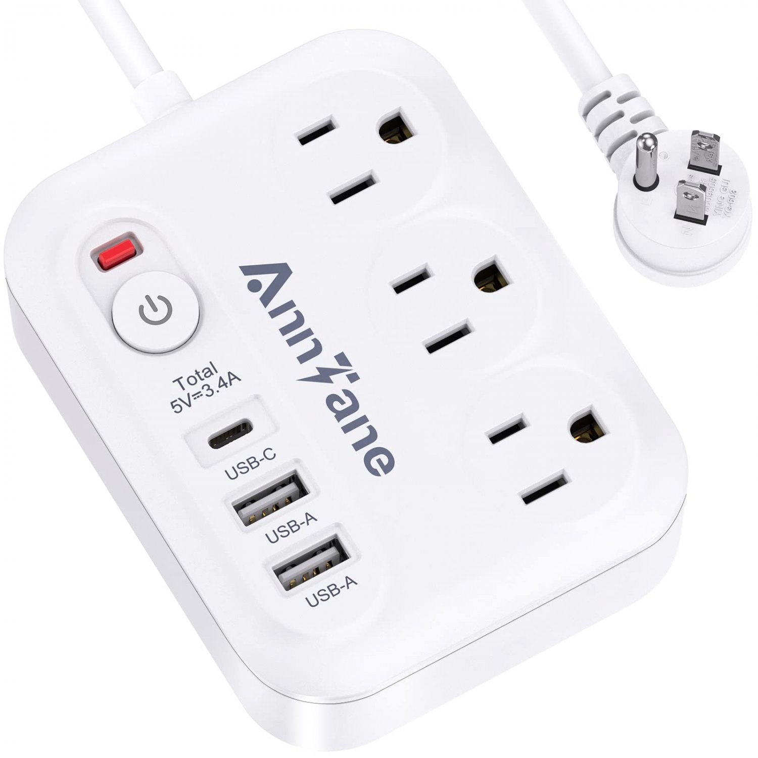 Power Strip Surge Protector with USB-C (3.0A), 5 ft Flat Extension Cord, Power Strip with 3 Outlets 