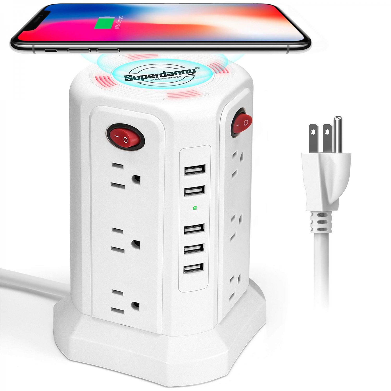 Power Strip Tower Surge Protector with Wireless Charger, SUPERDANNY 15A 3600W Desktop Charging Stati