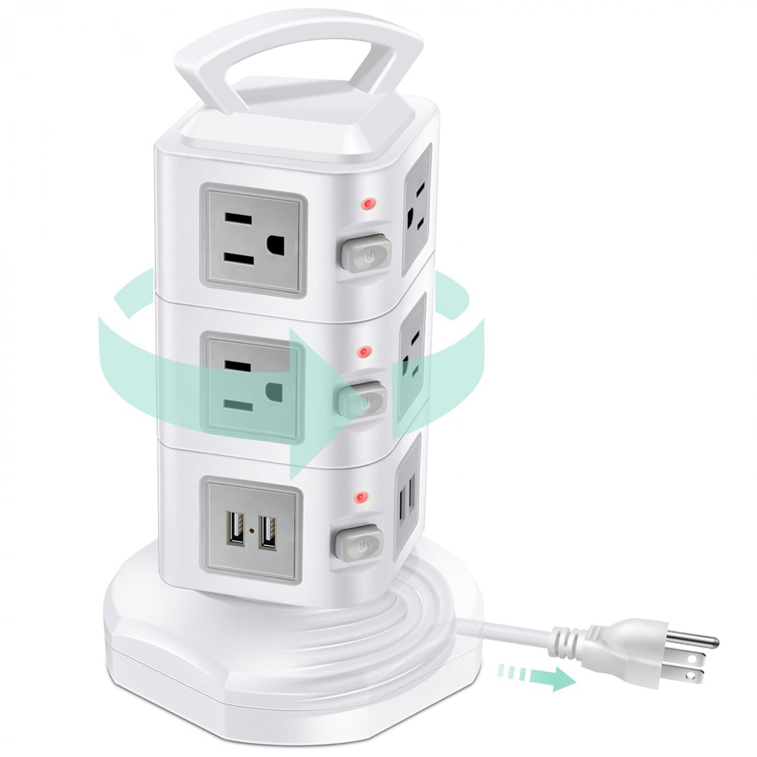 Desktop Power Strip Tower - Multi Plug Power Station with 10 Outlets + 4 USB Charging Ports - Retrac