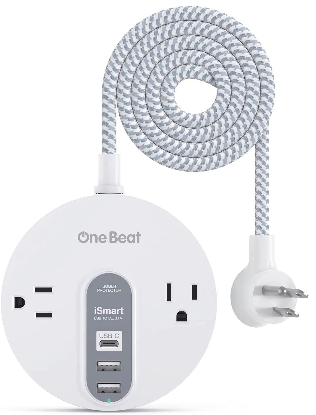 Power Strip Surge Protector with USB C - Extension Cord Flat Plug with 2 Widely AC Outlet and 3 USB,