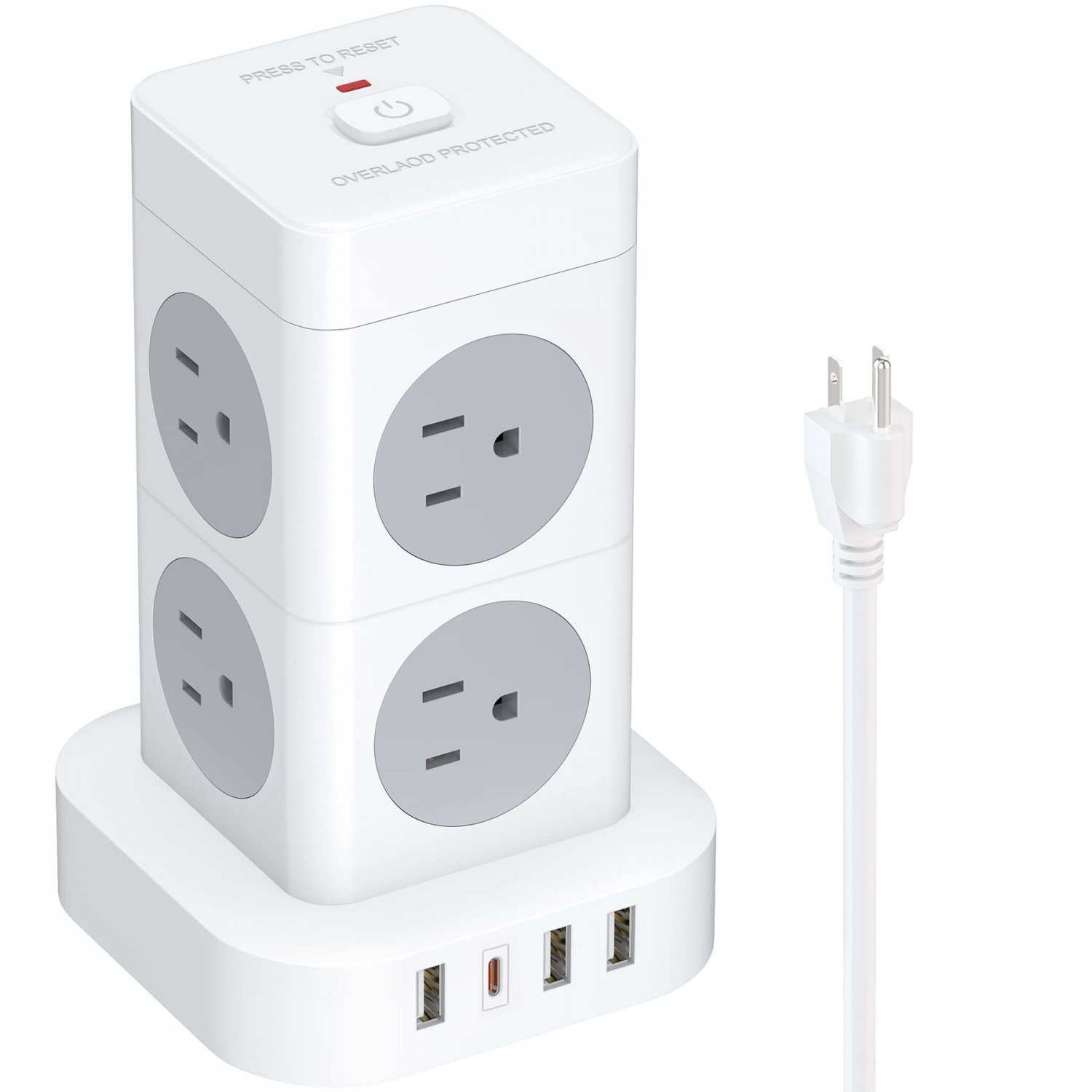 Hulker Power Strip Tower with USB, 8 Widely Spaced Outlets 4 USB Ports (1 Type C and 3 USB Slots) wi