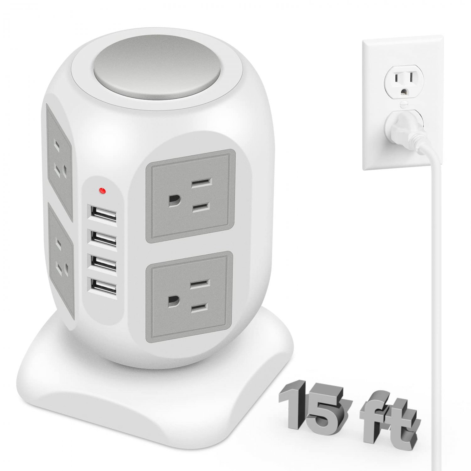 15 ft Long Extension Cord Power Strip with Multiple Outlet Plug - GLCONN Surge Protector Tower with 
